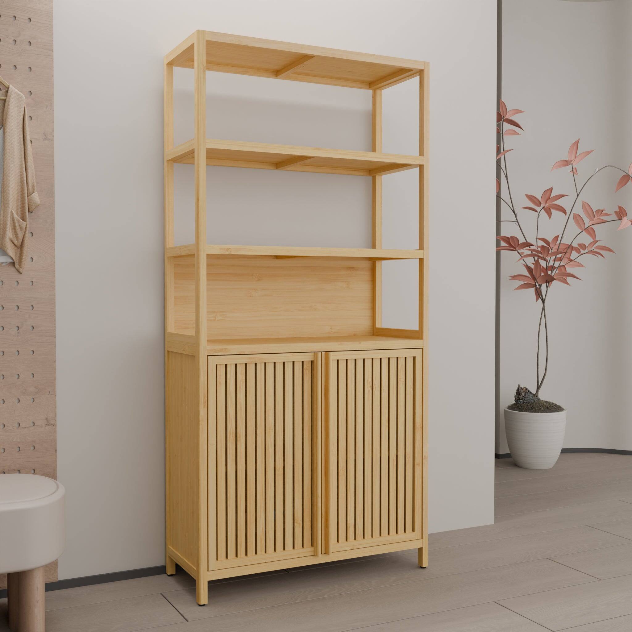 Alt View 5. Boyel Living - Sixty Four Inch Tall Bamboo Storage Cabinet with Double Doors Drawers and Adjustable Shelves - Natural.