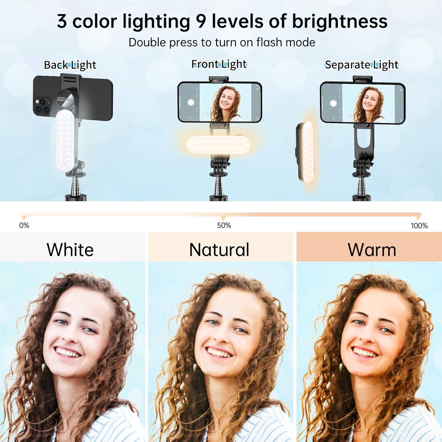3 color lighting  
9 levels of brightness  
Double press to turn on flash mode  

Back Light  
Front Light  
Separate Light  

0%  
50%  
100%  

White  
Natural  
Warm