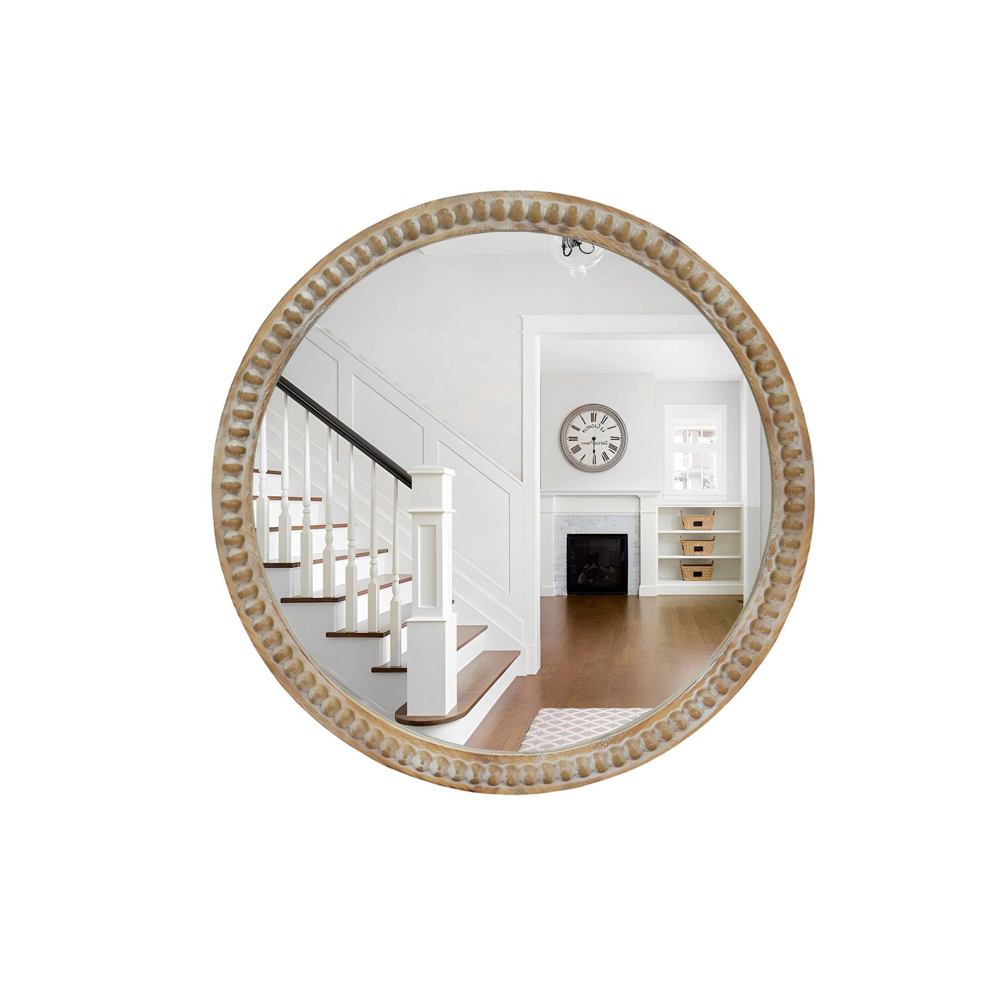 Alt View 1. BreeBe - 23.62 in Round Decorative Wall Mirror Distressed Wood Beaded Frame for Entryway Living Room Bathroom Farmhouse Style - Natural Wood.