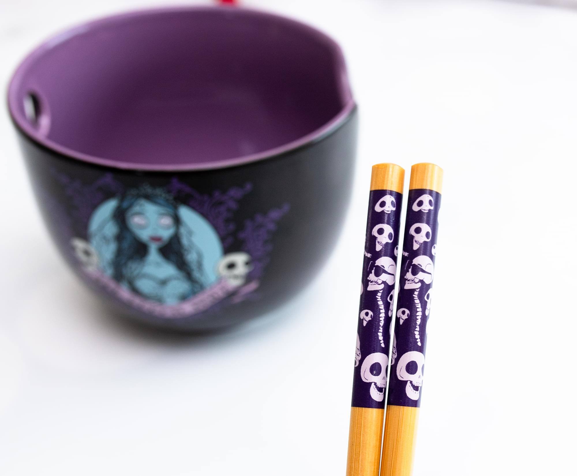 Alt View 2. Silver Buffalo - Tim Burton's Corpse Bride Emily 20-Ounce Ramen Bowl and Chopstick Set - Purple.