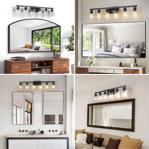 Back. LUCKY ONE - 37in Wall Mount Vanity Light, 6-Light Industrial Sconce with Clear Glass Shades for Bathroom - Black.