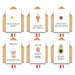 Kitcheniva - Small 6 Pack Funny Food Birthday Cards with Envelopes, (3.5x5 In, Blank Inside)
