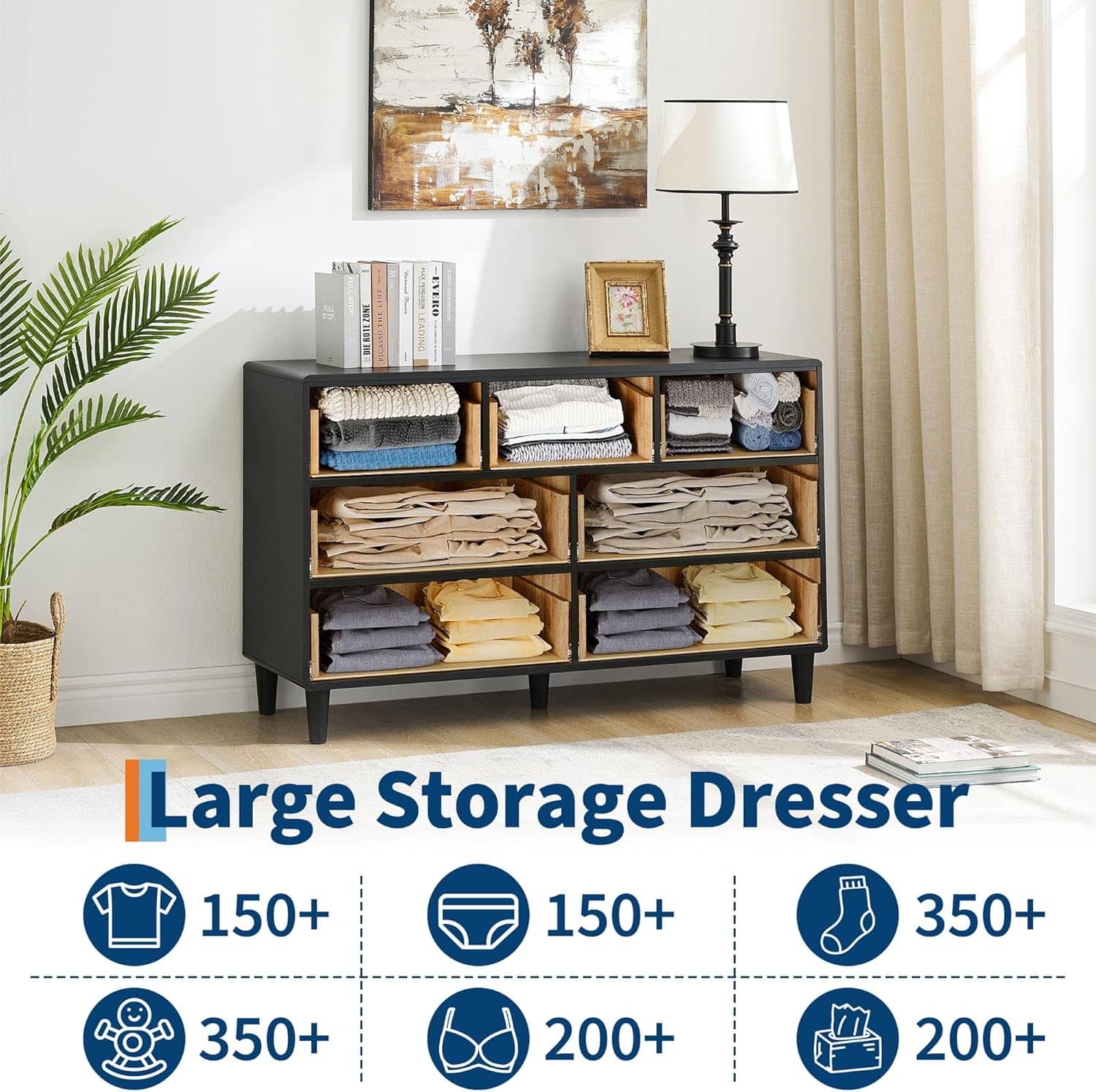 Qeetex - 7 Drawers Dresser for Bedroom, 54 inch Wide Wood Chest of Drawers with Metal Handles, Heavy-Duty TV Stand - Natural Oak