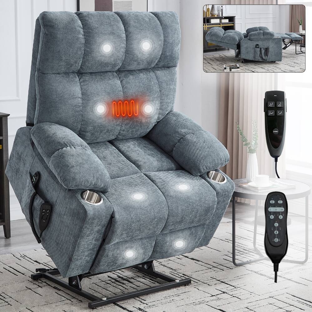 Left. Ropilly - Ropilly Dual Motor Power Lift Recliner, Oversized Lift Chair 350 LBS Capacity, Grey-Blue Chenille with Lumbar Heat - Grey-Blue.