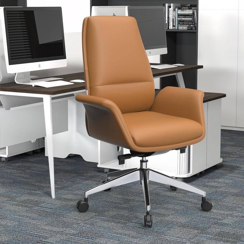 Left. LeisureMod - Summit Leather Office Chair with Durable Metal Frame, Adjustable Height, Swivel, Tilt, and Plush Cushion Support - Acorn Brown.
