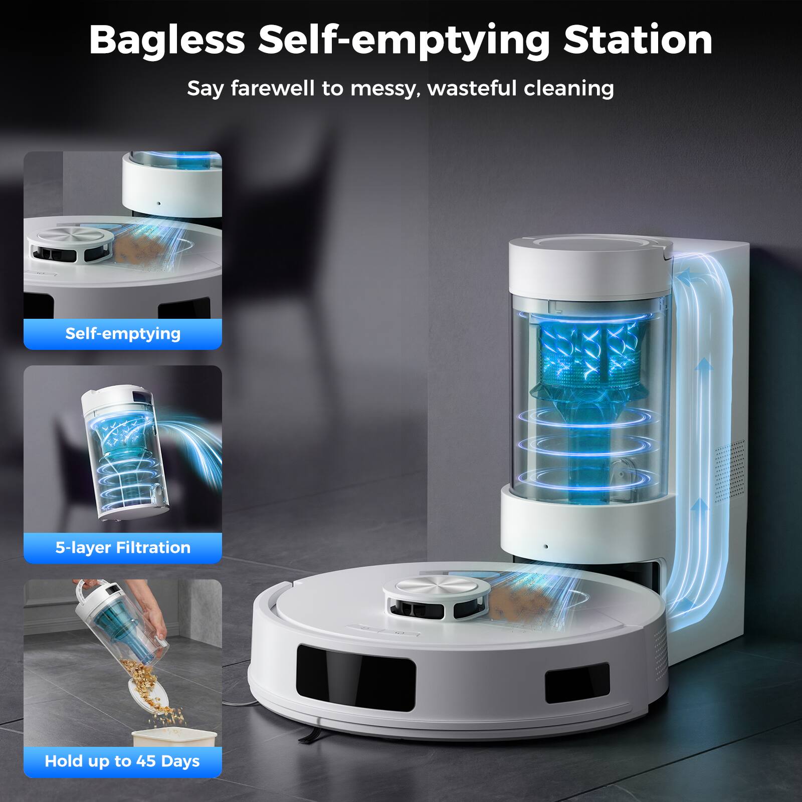 Bagless Self-emptying Station  
Say farewell to messy, wasteful cleaning  

Self-emptying  
5-layer Filtration  
Hold up to 45 Days
