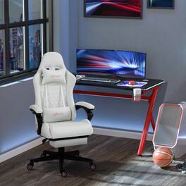 Siljoy - Pink High Back PU Leather Gaming Chair with Retractable Footrest, Lumbar Support & Star Wheels - White