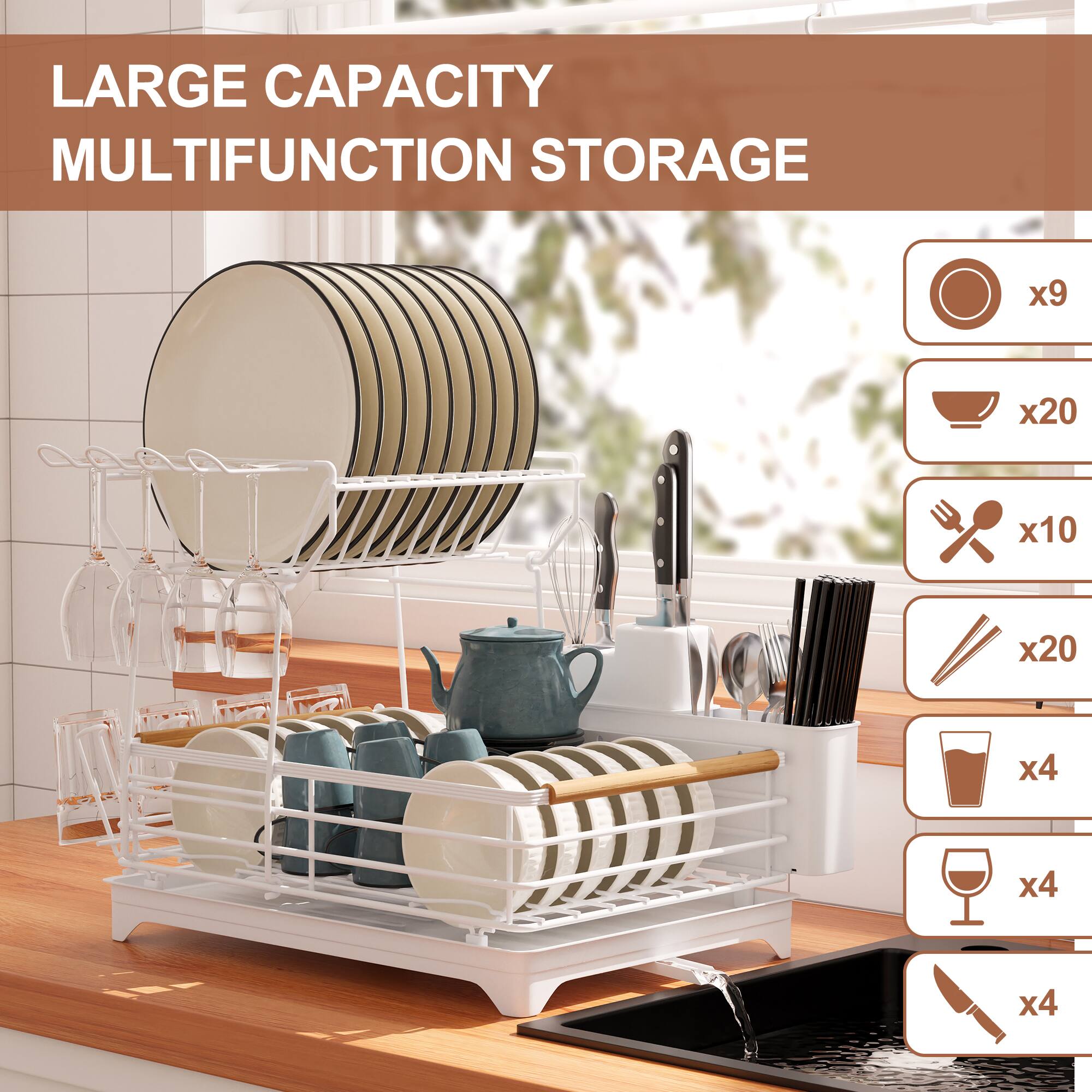 LARGE CAPACITY MULTIFUNCTION STORAGE

- Plates: x9
- Bowls: x20
- Spoons: x10
- Forks: x20
- Glasses: x4
- Wine Glasses: x4
- Knives: x4