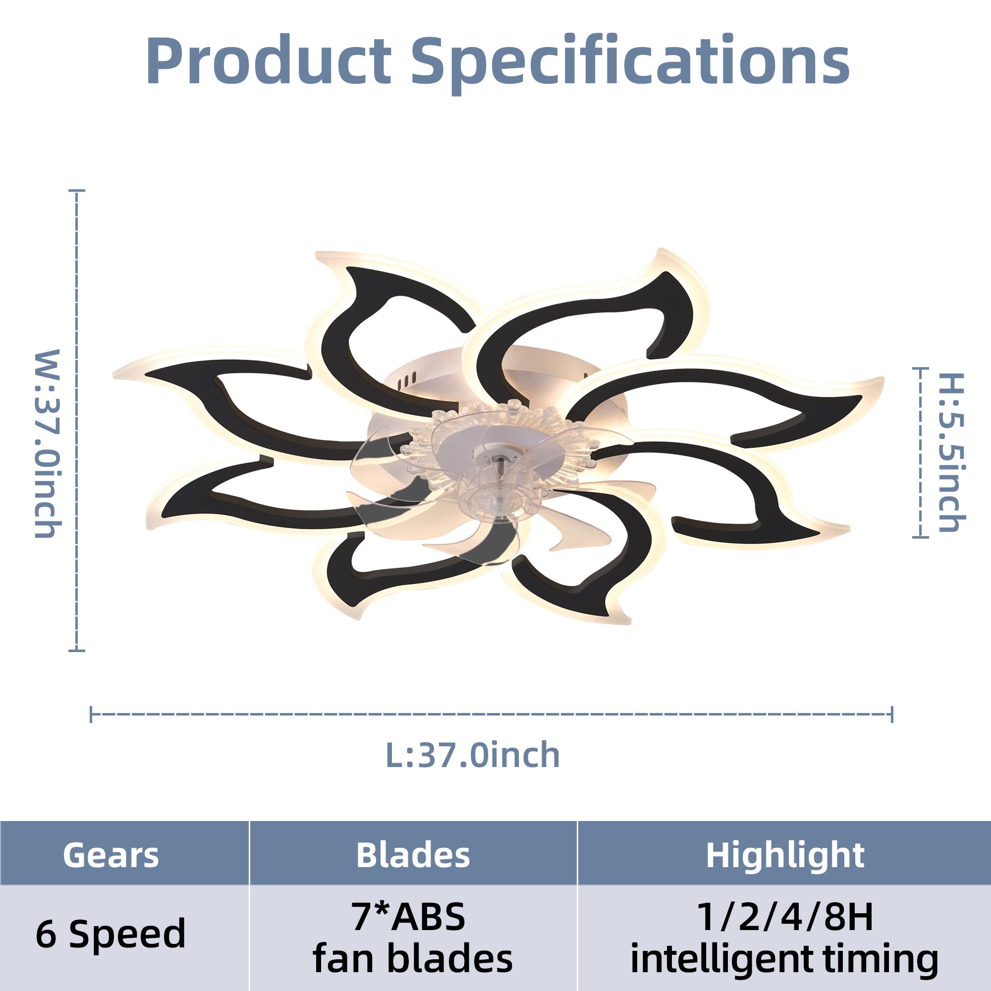 Product Specifications

- W: 37.0 inch
- H: 5.5 inch
- L: 37.0 inch

Gears: 6 Speed

Blades: 7*ABS fan blades

Highlight: 1/2/4/8H intelligent timing