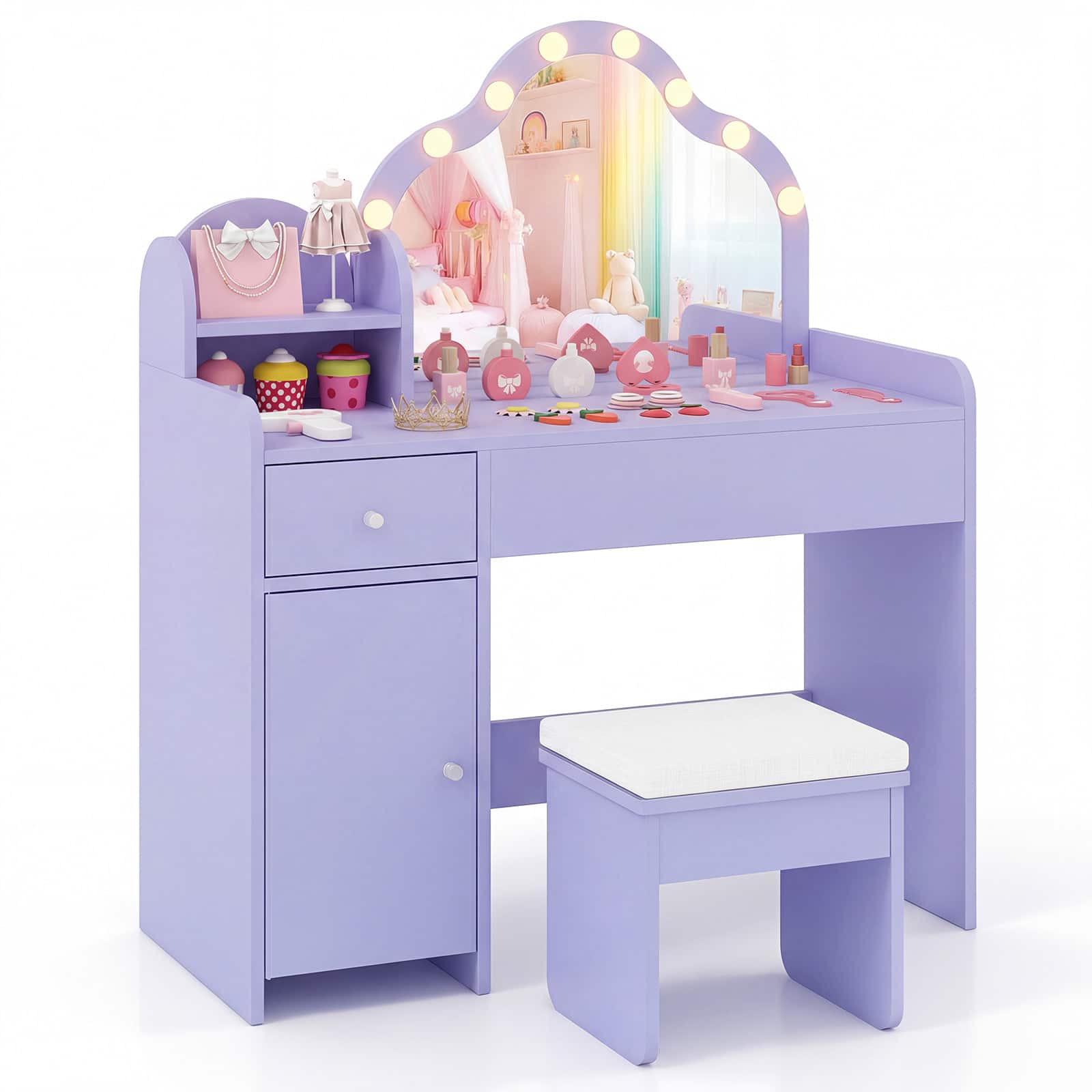 Gymax - Kids Vanity Set Princess Pretend Play Makeup Desk w/ Cute Cloud-Shaped Mirror - Purple price history on PriceWatchPro