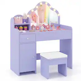 Gymax - Kids Vanity Set Princess Pretend Play Makeup Desk w/ Cute Cloud-Shaped Mirror - Purple