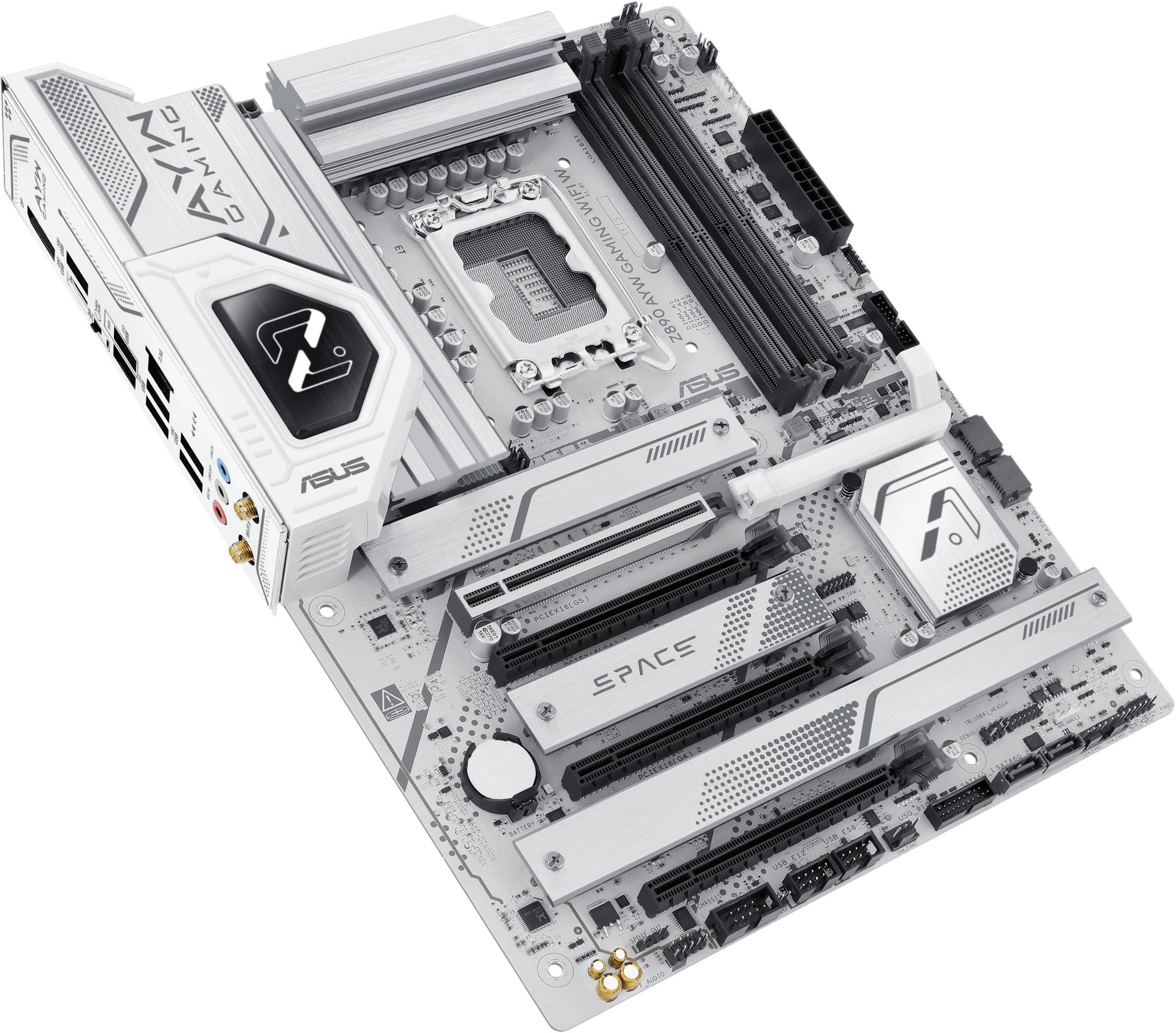 The text on the image reads: "YA GAMING Z ASUS 1 1 TEaTON WIF! GAMINGWIFI GAMING AYWGAMING Z890AYW AYW Z890 ! L PCIEXIALOS SPACE T BATTERI."