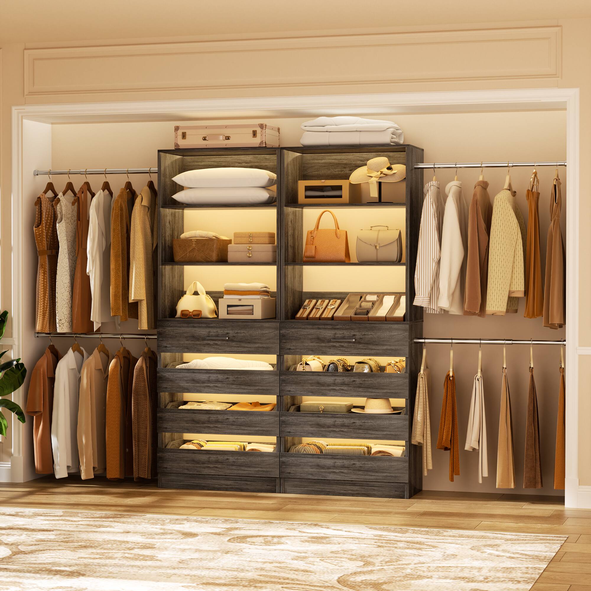 Back. Aheaplus - 2-Piece 4-9Ft Wooden Closet Organizer with 4 Drawers, 8 Hanging Rods & Open Shelves,Ships in 2 Packages - Black.