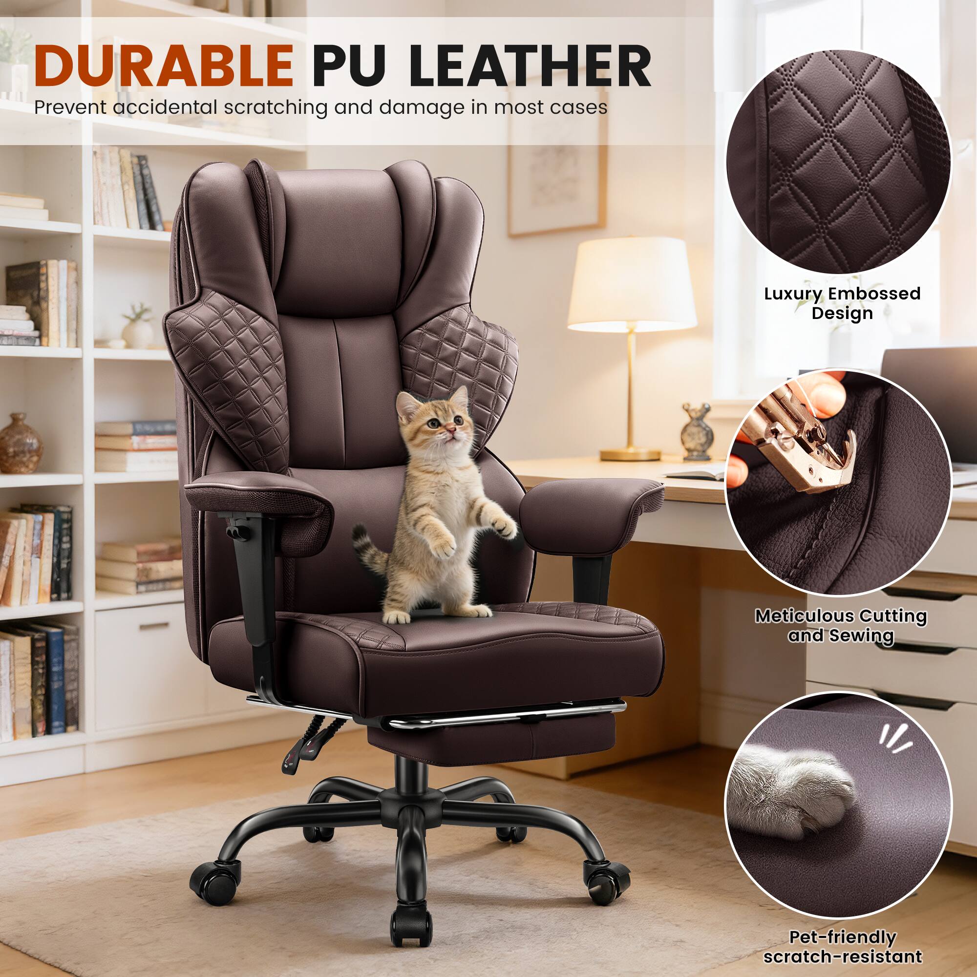 DURABLE PU LEATHER  
Prevent accidental scratching and damage in most cases  

Luxury Embossed Design  

Meticulous Cutting and Sewing  

Pet-friendly scratch-resistant