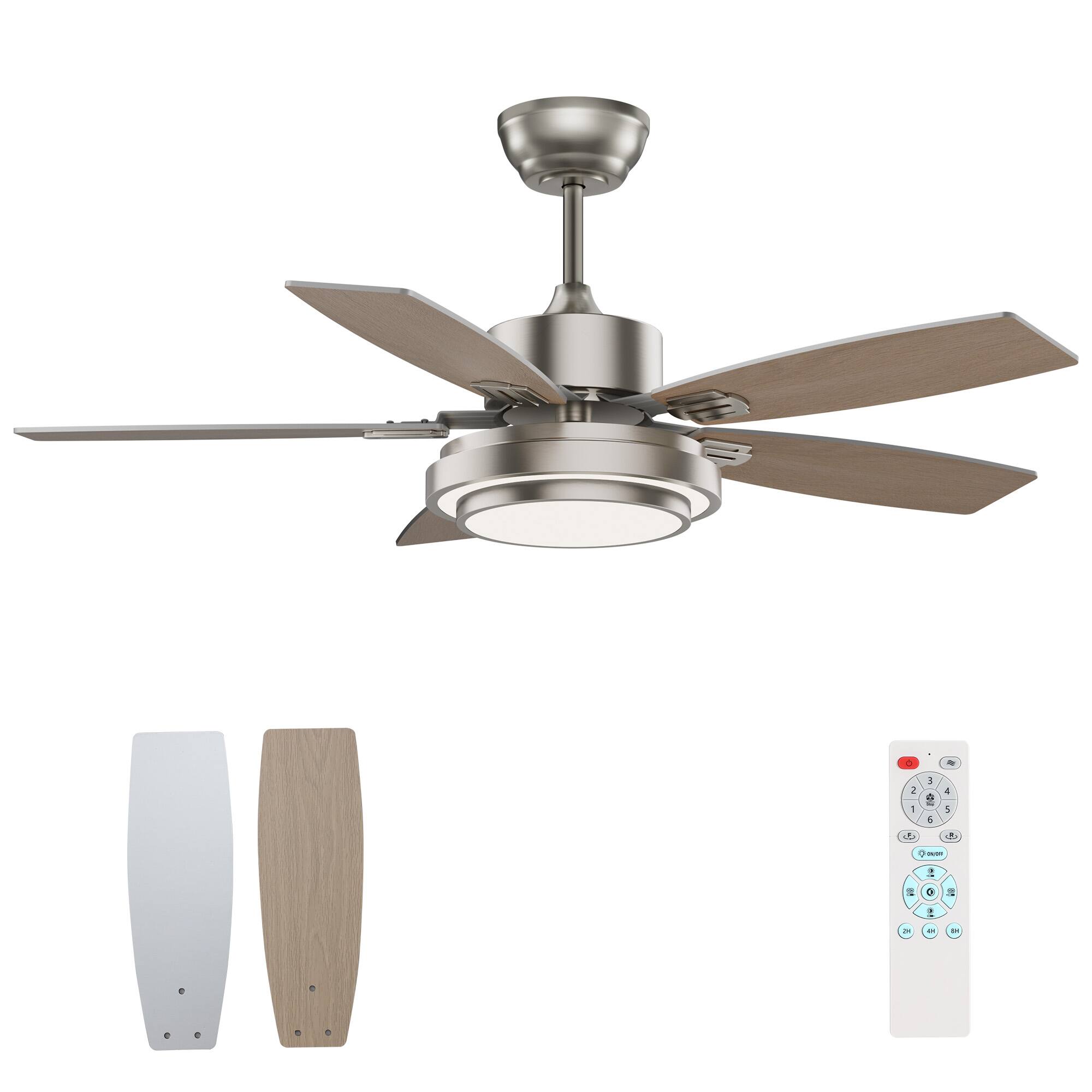 Alt View 6. Siljoy - 42-in Nickel Ceiling Fan with Nickel or Oak Color Blades Ceiling Fan With Light-Remote Included - Nickel.