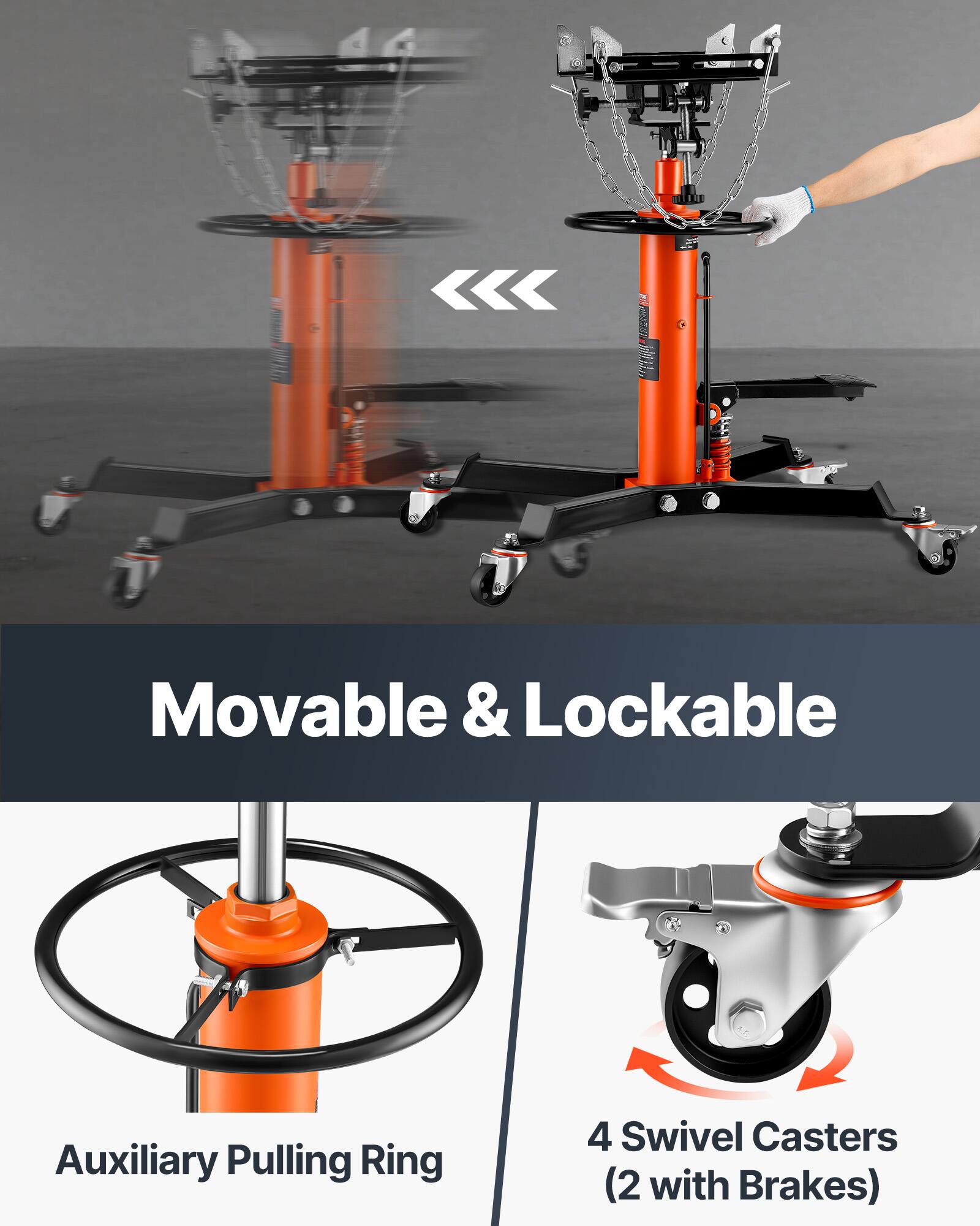 Movable & Lockable Auxiliary Pulling Ring 4 Swivel Casters (2 with Brakes)