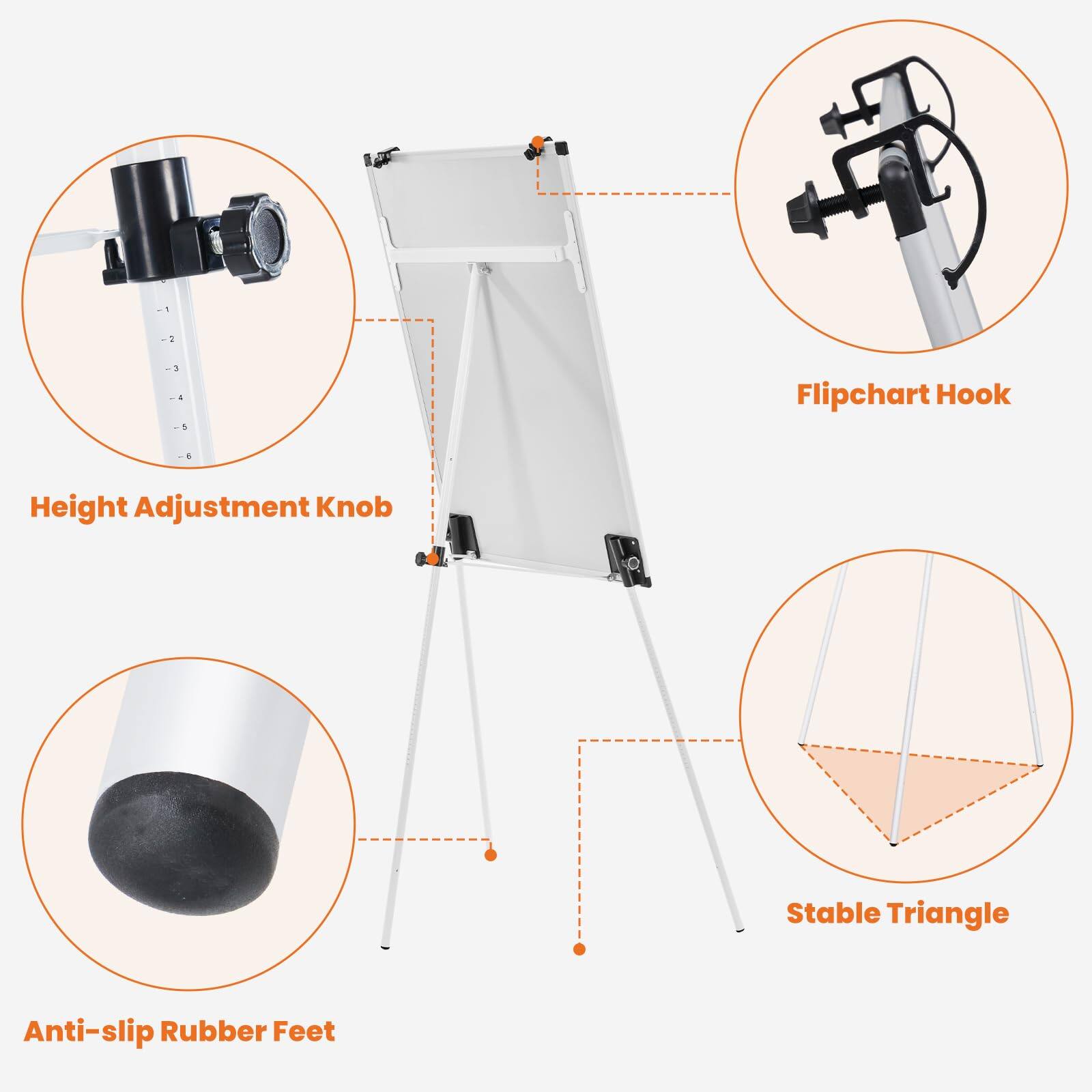 - Height Adjustment Knob
- Flipchart Hook
- Anti-slip Rubber Feet
- Stable Triangle