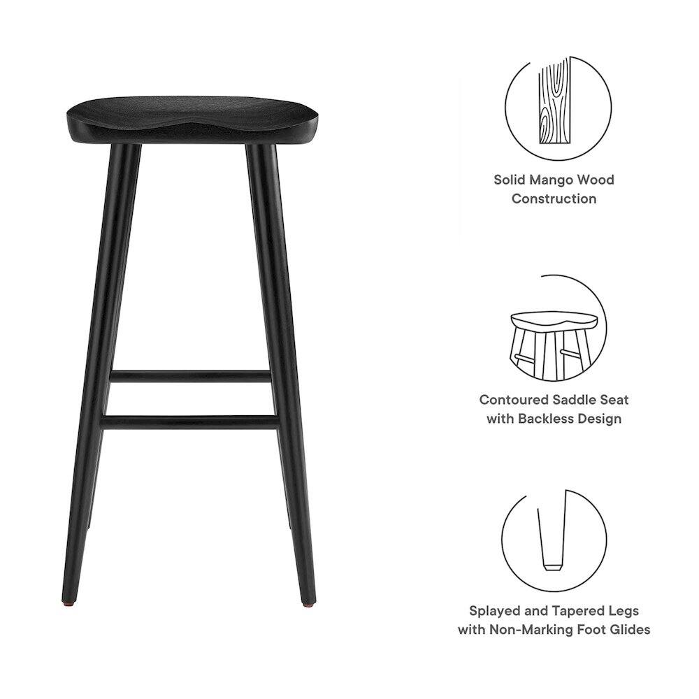 - Solid Mango Wood Construction
- Contoured Saddle Seat with Backless Design
- Splayed and Tapered Legs with Non-Marking Foot Glides