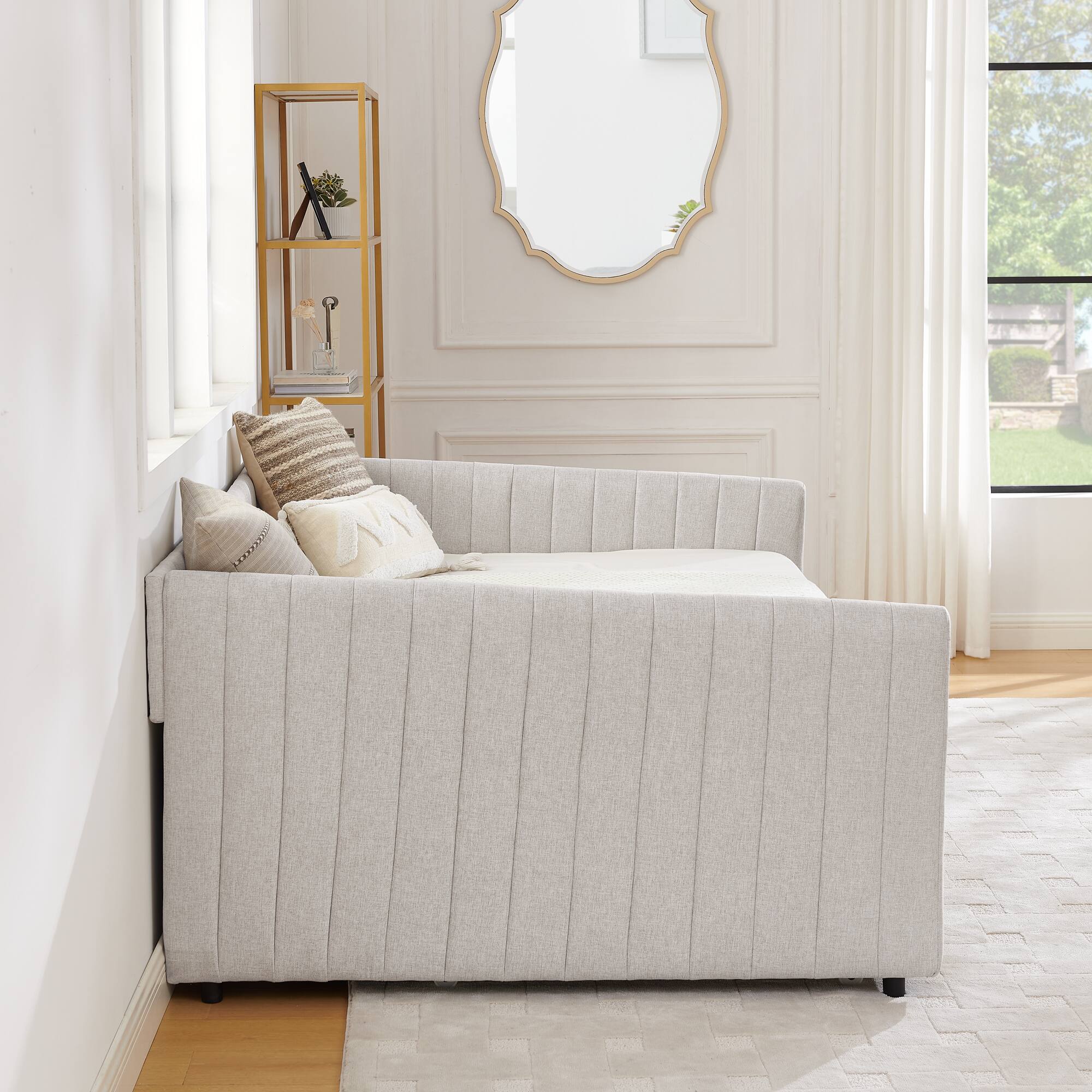 Alt View 5. Tiramisubest - Full Size Daybed with Trundle Upholstered Sofa Bed, with Vertical Stripes, Linen Fabric, Beige (82.5"x58"x30") - Beige.