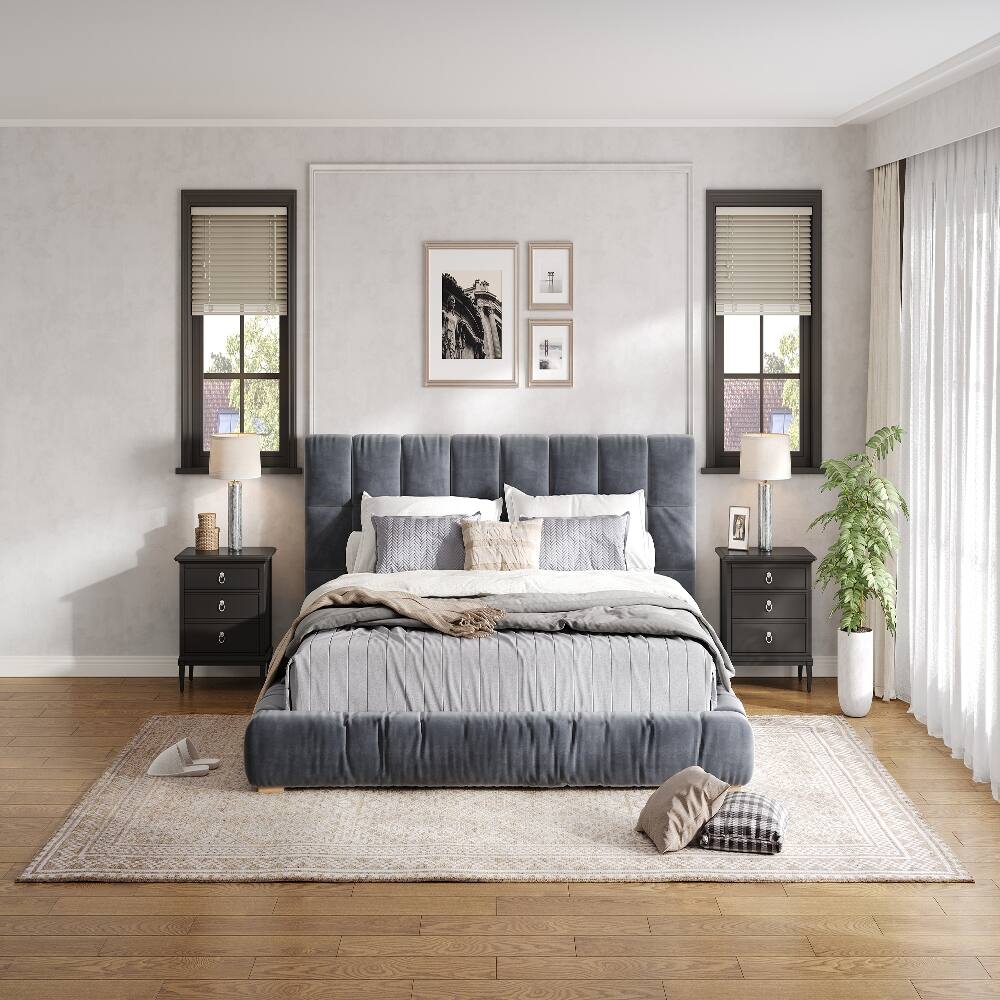 Alt View 1. Loheer - Loheer King Size Upholstered Velvet Platform Bed Frame Gray Low Profile - Gray.