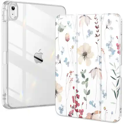 Front. DTTO - Case for iPad (A16)/10th Gen (2025/2022), clear hard back, soft TPU frame, slim trifold stand, auto wake/sleep - Colorful Flowers.