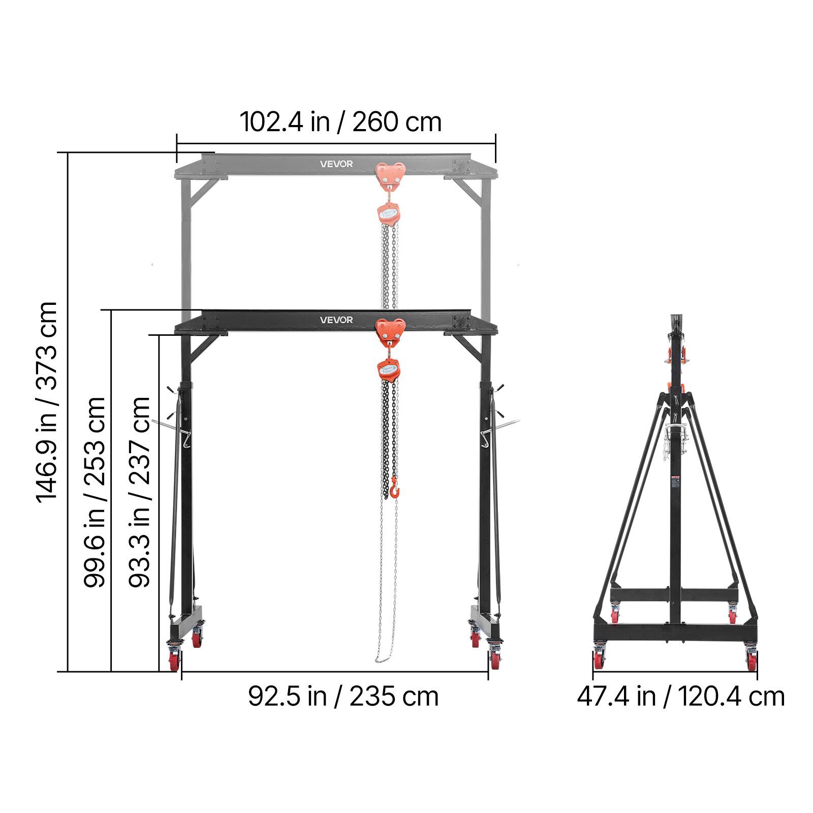 102.4 in / 260 cm  
VEVOR  
146.9 in / 373 cm  
99.6 in / 253 cm  
93.3 in / 237 cm  
92.5 in / 235 cm  
47.4 in / 120.4 cm