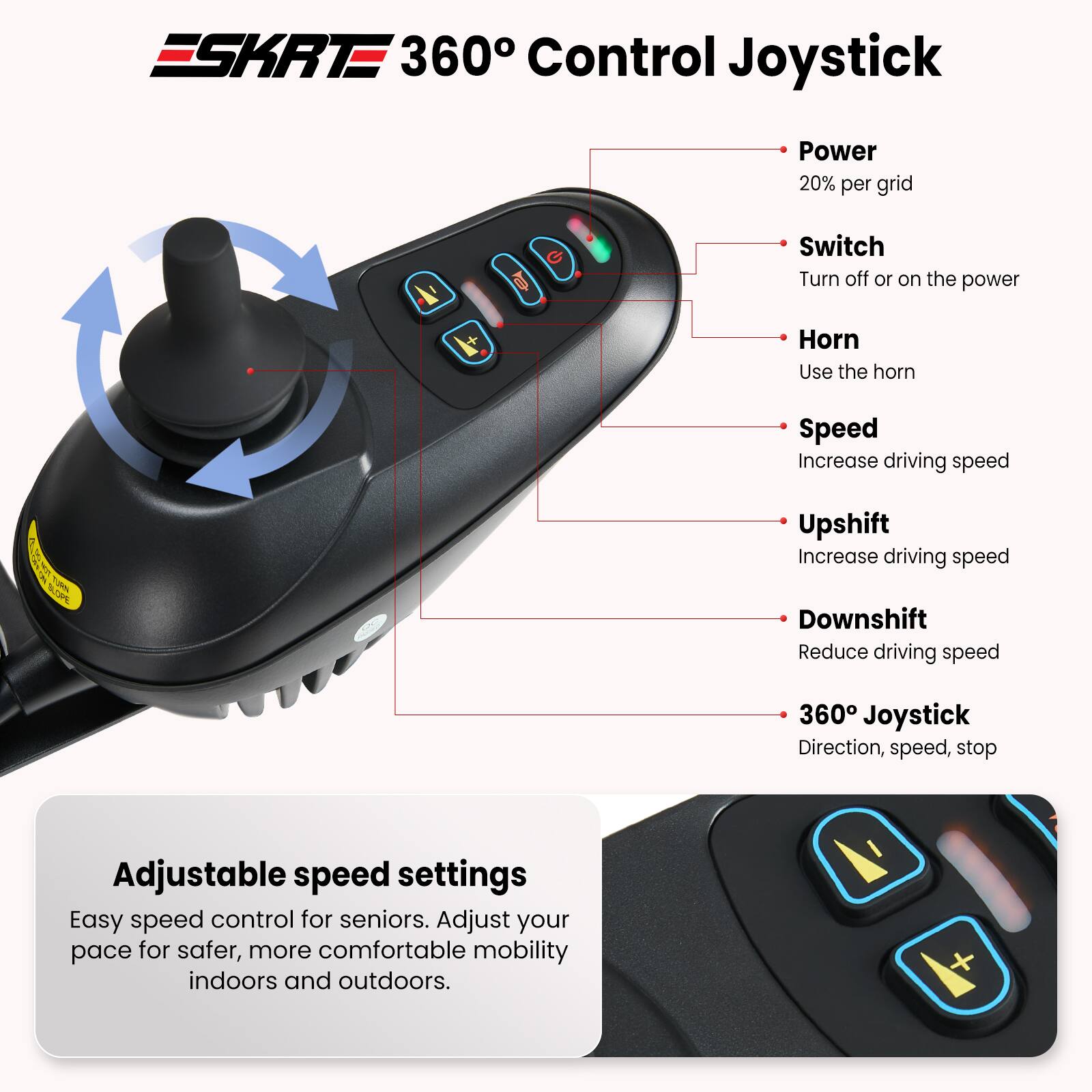 ESKRT 360° Control Joystick

- Power: 20% per grid
- Switch: Turn off or on the power
- Horn: Use the horn
- Speed: Increase driving speed
- Upshift: Increase driving speed
- Downshift: Reduce driving speed
- 360° Joystick: Direction, speed, stop

Adjustable speed settings

Easy speed control for seniors. Adjust your pace for safer, more comfortable mobility indoors and outdoors.