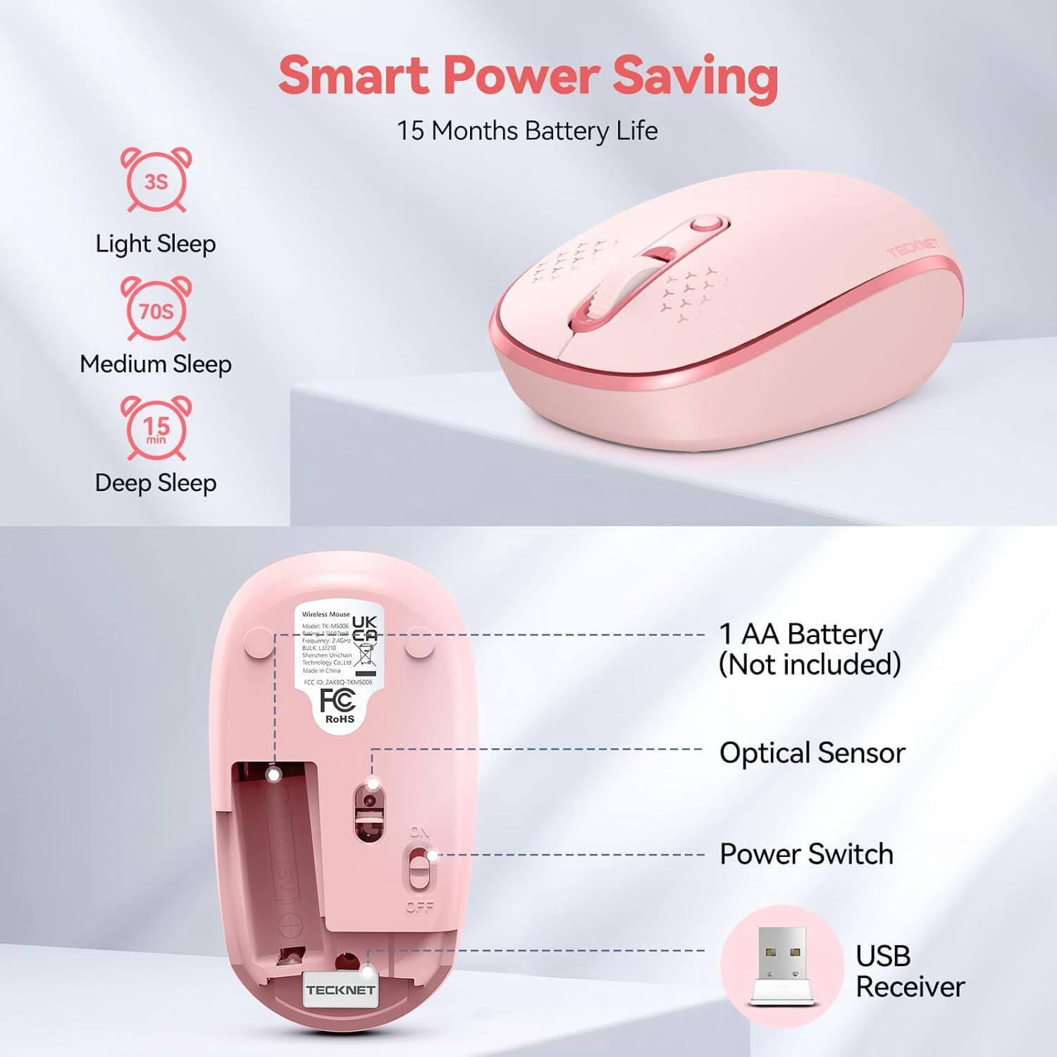 Smart Power Saving  
15 Months Battery Life

3S  
Light Sleep

70S  
Medium Sleep

15 min  
Deep Sleep

Wieles Mouse Max 3 X-MV5206 UK  
EA Requency 2499 BLUE LEX Rester Unichain Technology Co.jos TOOP China  
a CONS 0005006 FC RoHS

1 AA Battery (Not included)  
Optical Sensor  
Power Switch  
OFF

TECKNET  
USB Receiver