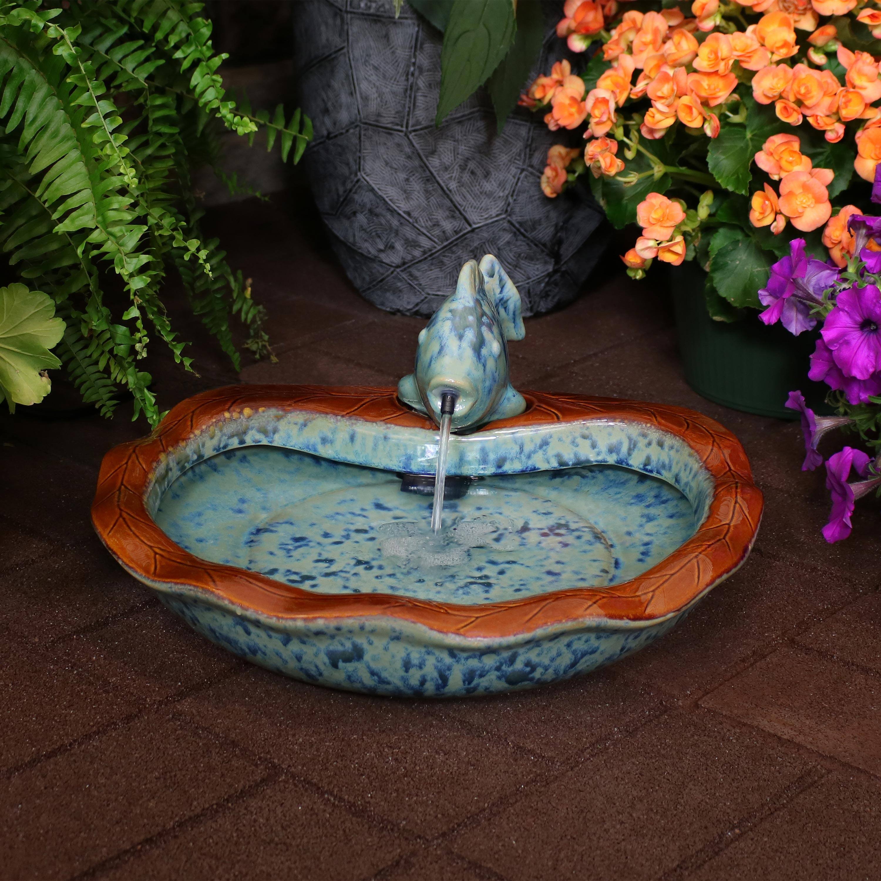 Alt View 7. Sunnydaze - Fish Glazed Ceramic Outdoor Water Fountain - Aqua/Brown.