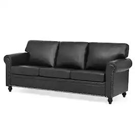 Boyel Living - 83.86-in Traditional Faux Leather 3-Seater Sofa with Nailhead Trim - Black and Matte Black and Silver