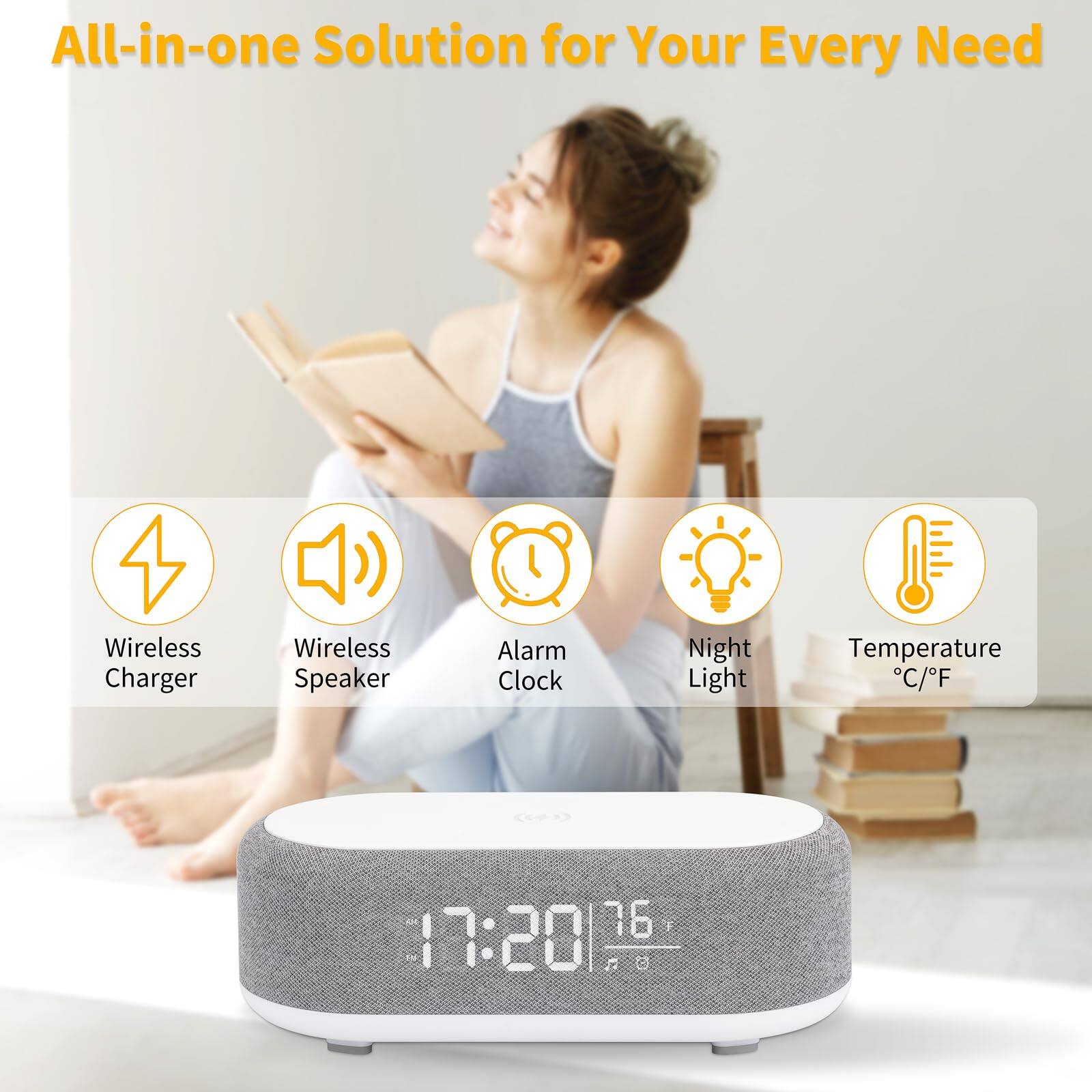 All-in-one Solution for Your Every Need

- Wireless Charger
- Wireless Speaker
- Alarm Clock
- Night Light
- Temperature °C/°F

17:20 76