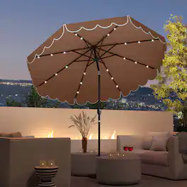 Costway - 9.3 FT Solar Patio Umbrella Outdoor Market Sunshade with 24 LED Lights Ruffles - Brown