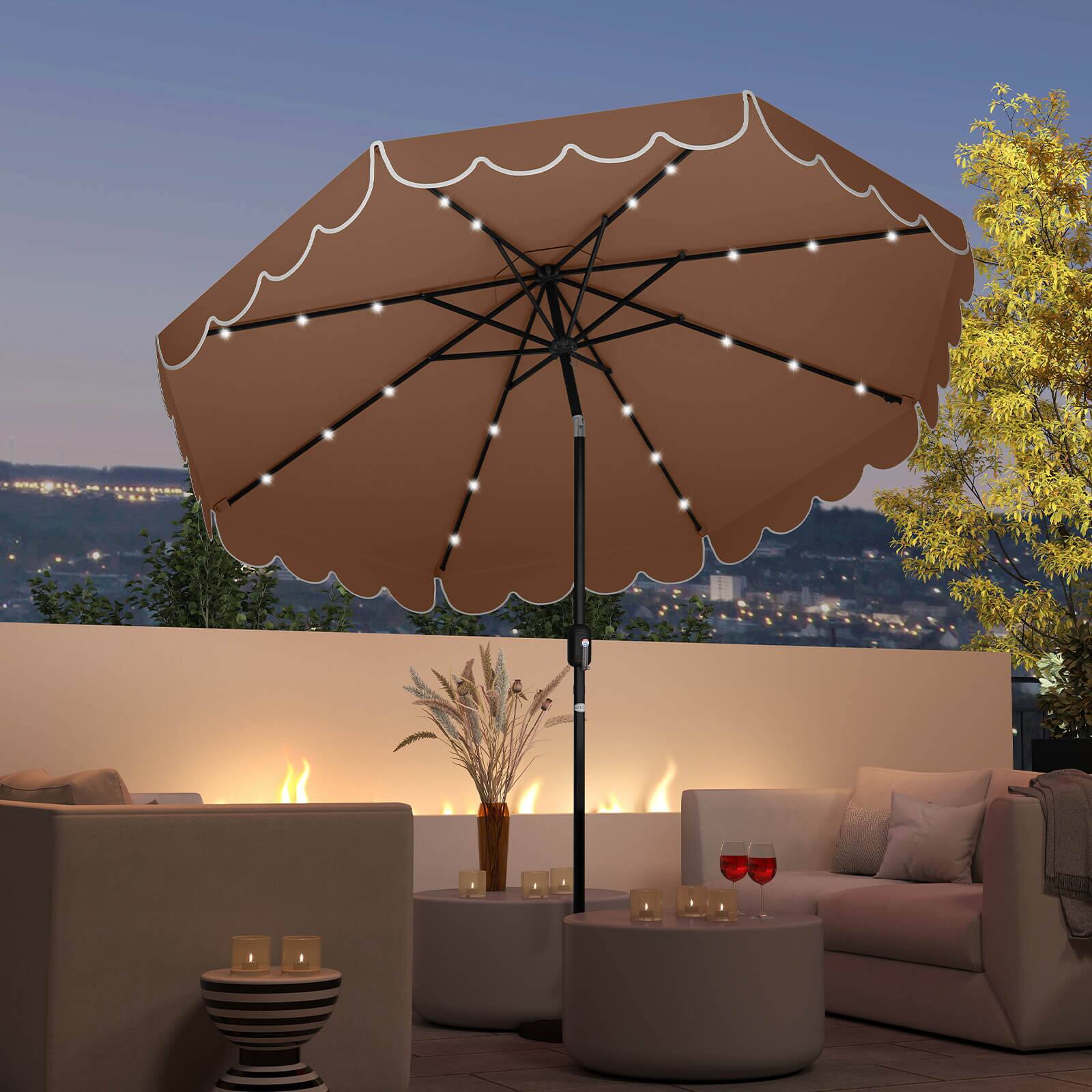 Alt View 2. Costway - Costway 9.3 FT Solar Patio Umbrella Outdoor Market Sunshade with 24 LED Lights Ruffles - Brown.
