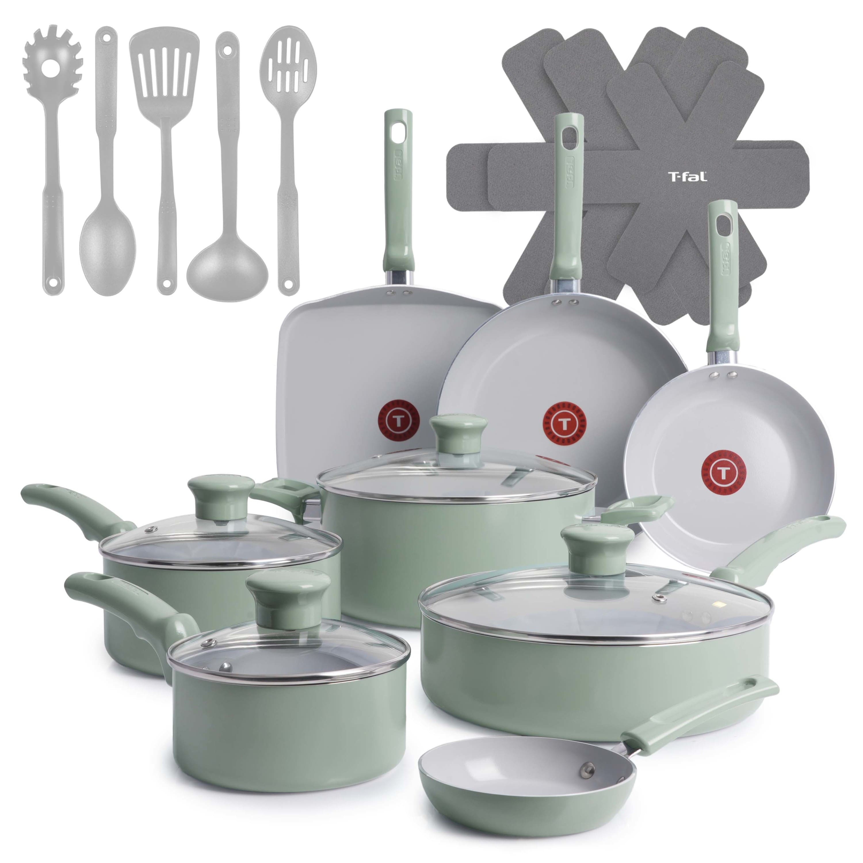 T-Fal - 20pc Ceramic Nonstick Cookware Set, Refresh Ceramic - Mint Green