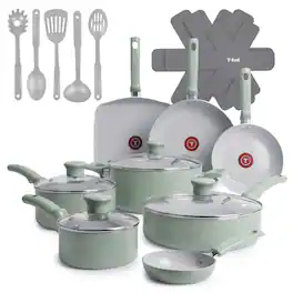 T-Fal - 20pc Ceramic Nonstick Cookware Set, Refresh Ceramic - Mint Green