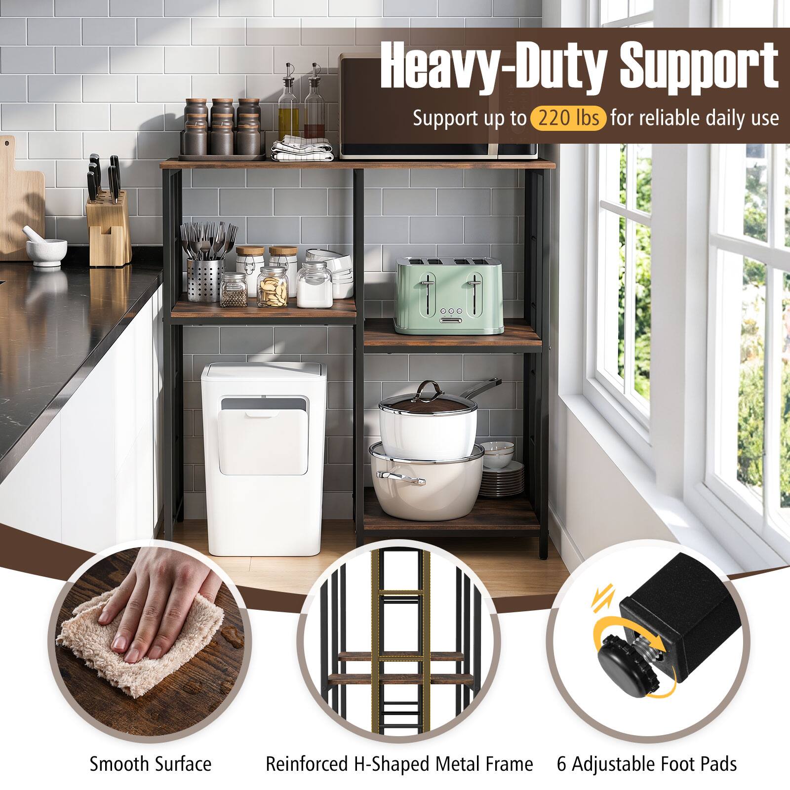 Heavy-Duty Support  
Support up to 220 lbs for reliable daily use  

Smooth Surface  
Reinforced H-Shaped Metal Frame  
6 Adjustable Foot Pads