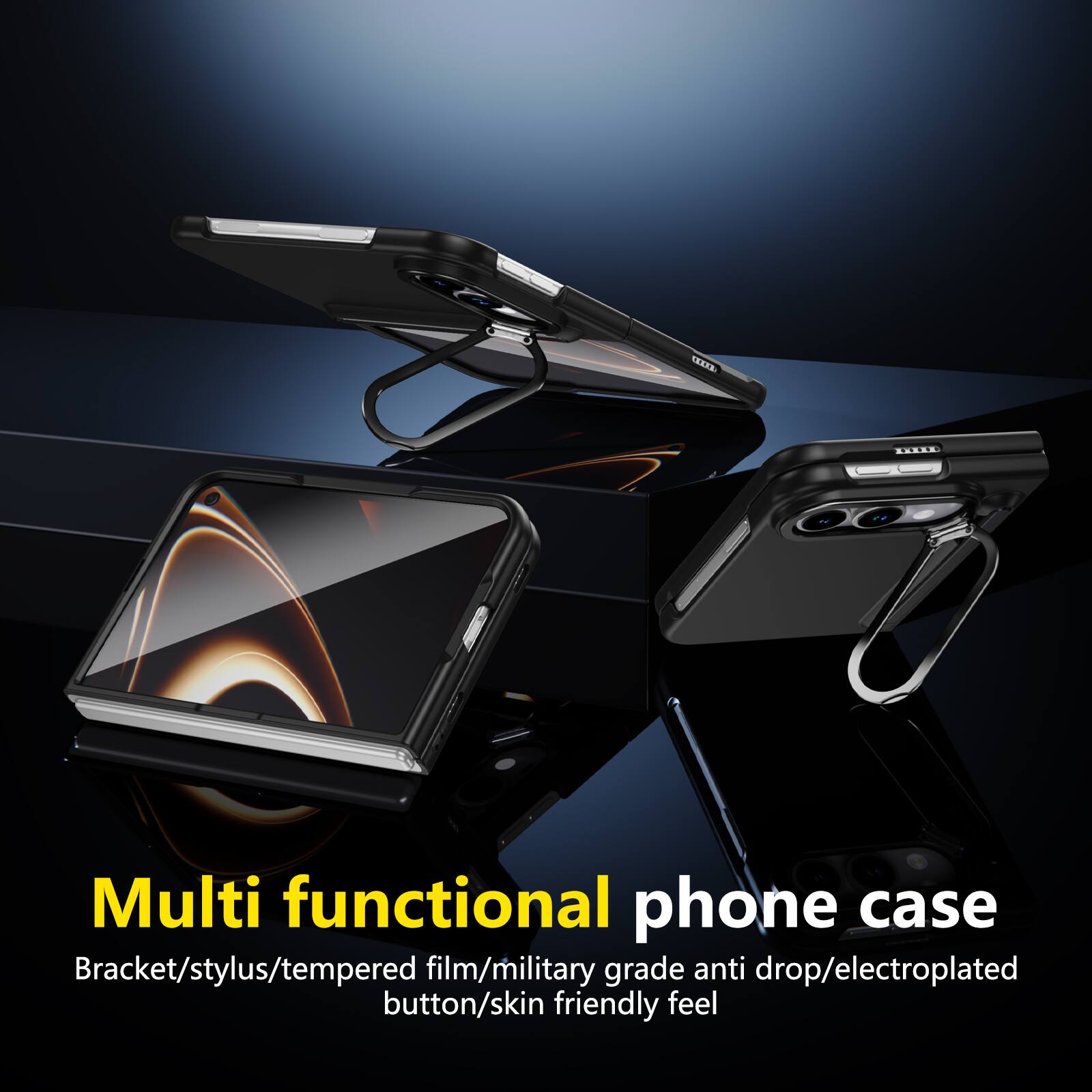 Multi functional phone case  
Bracket/stylus/tempered film/military grade anti drop/electroplated button/skin friendly feel