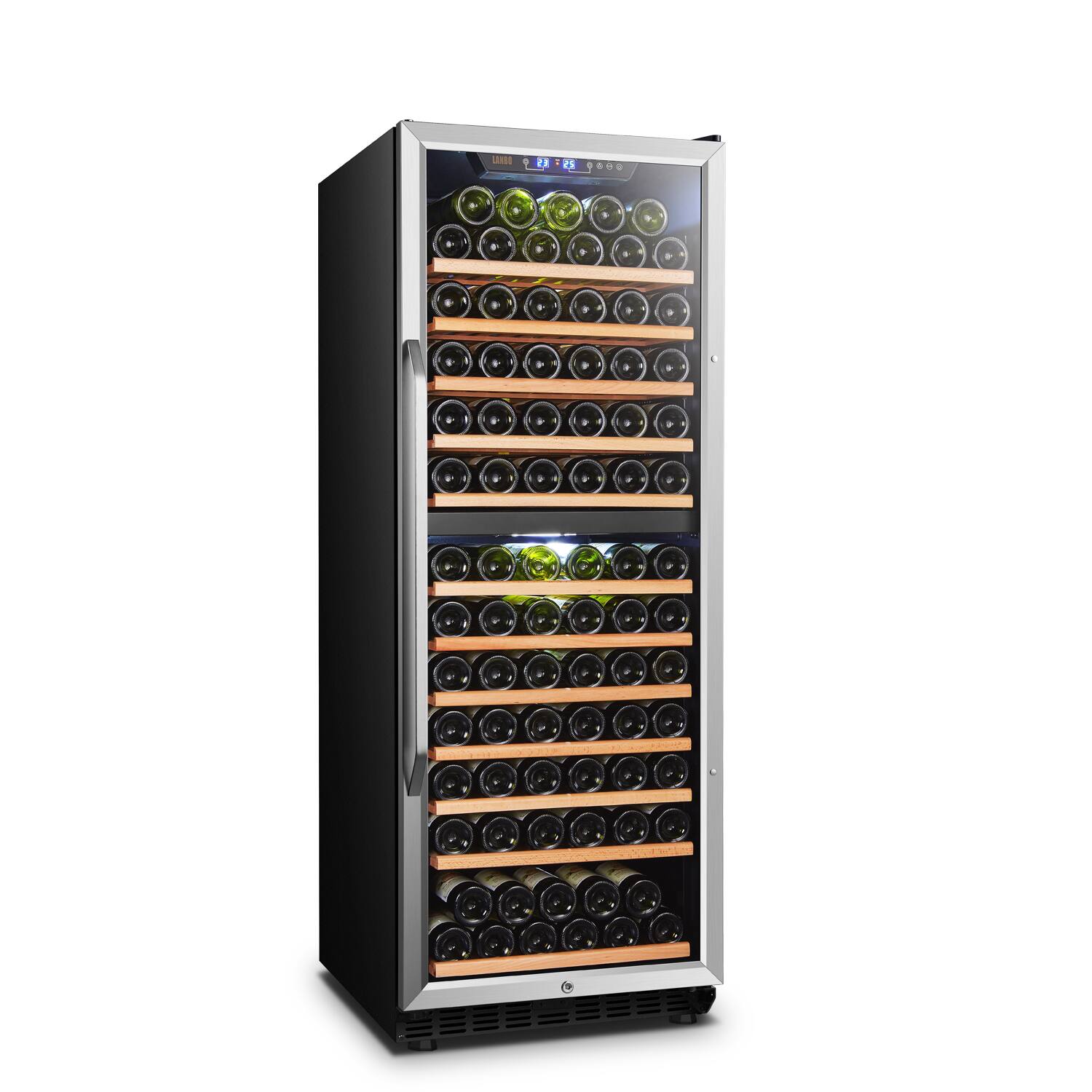 Left. Lanbo - Freestanding/Built-In 24 Inch 141 Bottle Dual Zone Compressor Wine Cooler with Stainless Steel Door - Black.
