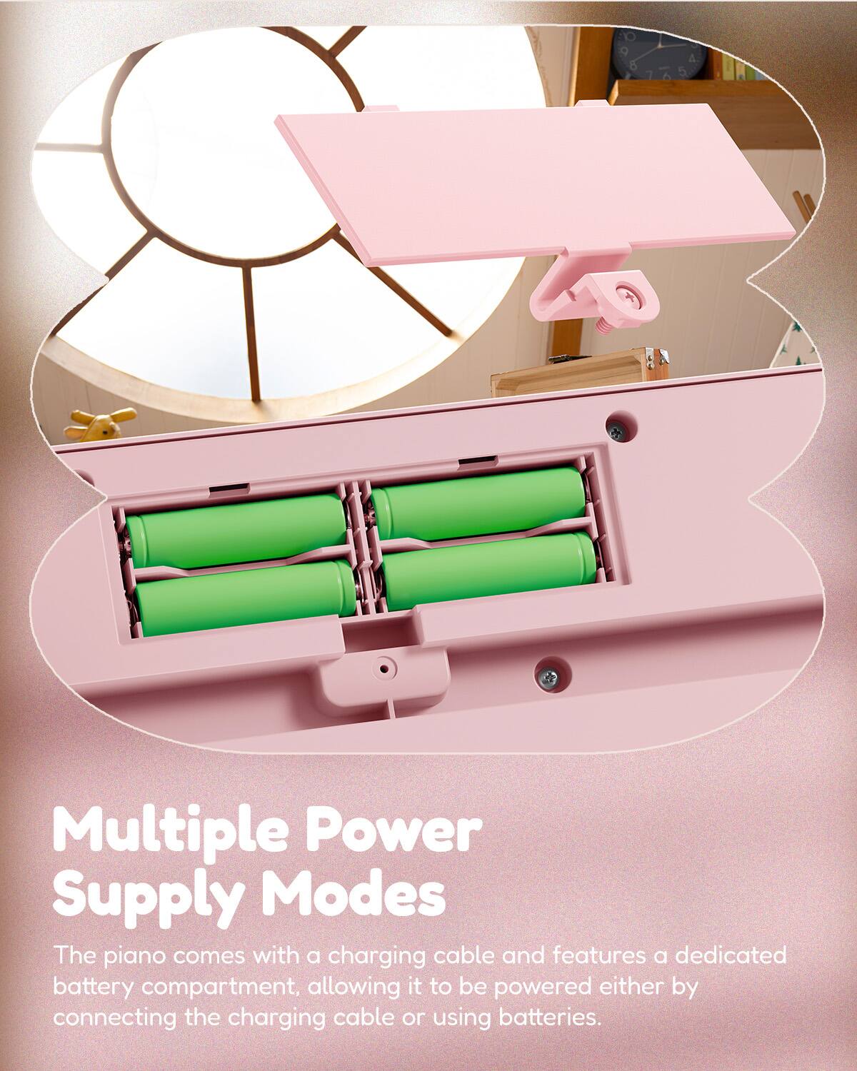 Multiple Power Supply Modes

The piano comes with a charging cable and features a dedicated battery compartment, allowing it to be powered either by connecting the charging cable or using batteries.