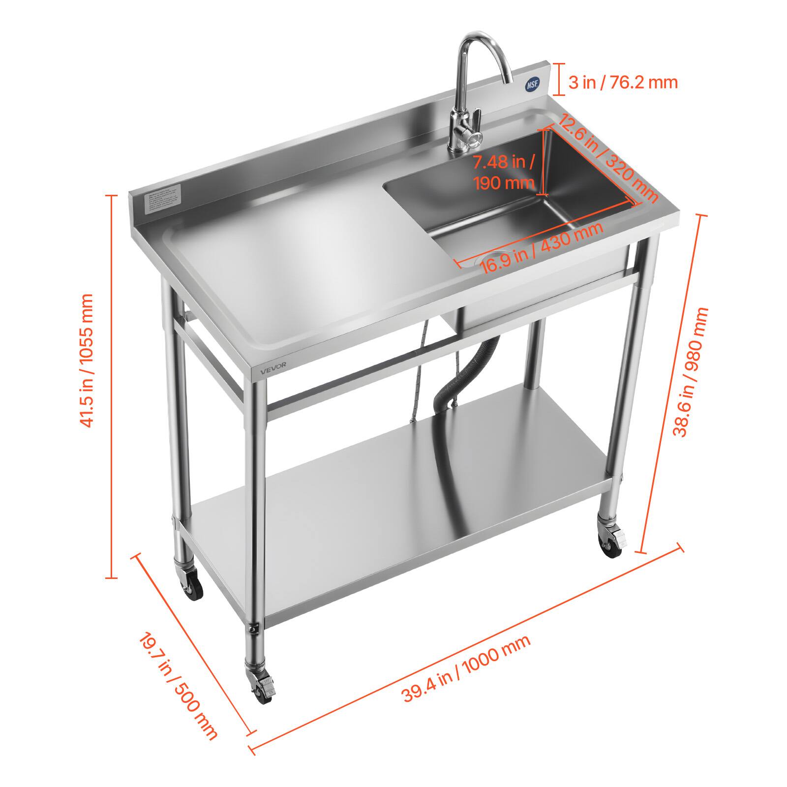 Sure, here is the corrected and grouped text from the image:

- **Width:** 38.6 in / 980 mm
- **Depth:** 39.4 in / 1000 mm
- **Height:** 41.5 in / 1055 mm
- **Sink Dimensions:**
  - **Width:** 12.6 in / 320 mm
  - **Depth:** 16.9 in / 430 mm
  - **Drain:** 3 in / 76.2 mm
  - **Faucet Hole:** 7.48 in / 190 mm
- **Shelf Height:** 19.7 in / 500 mm