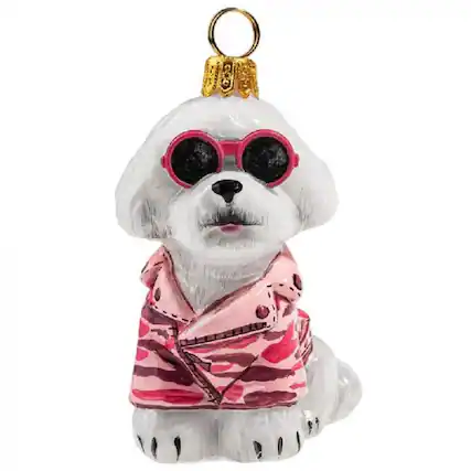 Front. Joy to the World Collectibles - Joy to the World Bichon Frise in Pink Camo Coat and Sunglasses Polish Glass Christmas Ornament - White.