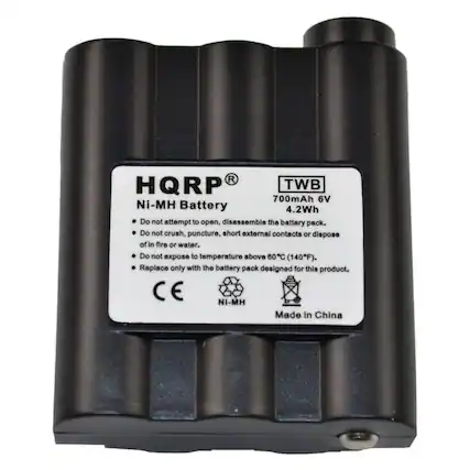 HQRP TWB 700mAh 6V Ni-MH Battery 4.2Wh
Do not attempt to open, disassemble the battery pack. Do not crush, puncture, short external contacts or dispose of in fire or water. Do not expose to temperature above 60C (140F). Replace only with the battery pack designed for this product.
CE NI-MH Made in China