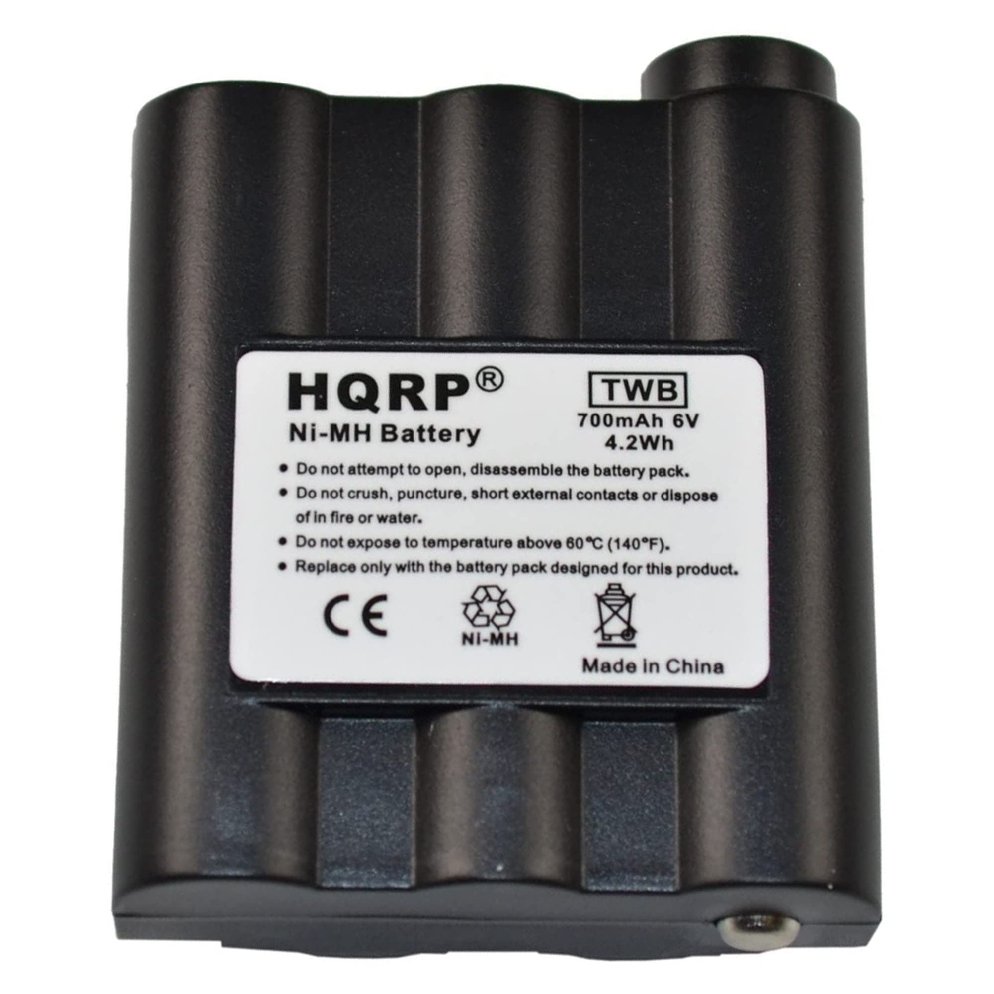 HQRP TWB 700mAh 6V Ni-MH Battery 4.2Wh

Do not attempt to open, disassemble the battery pack. Do not crush, puncture, short external contacts or dispose of in fire or water. Do not expose to temperature above 60C (140F). Replace only with the battery pack designed for this product.

CE NI-MH Made in China
