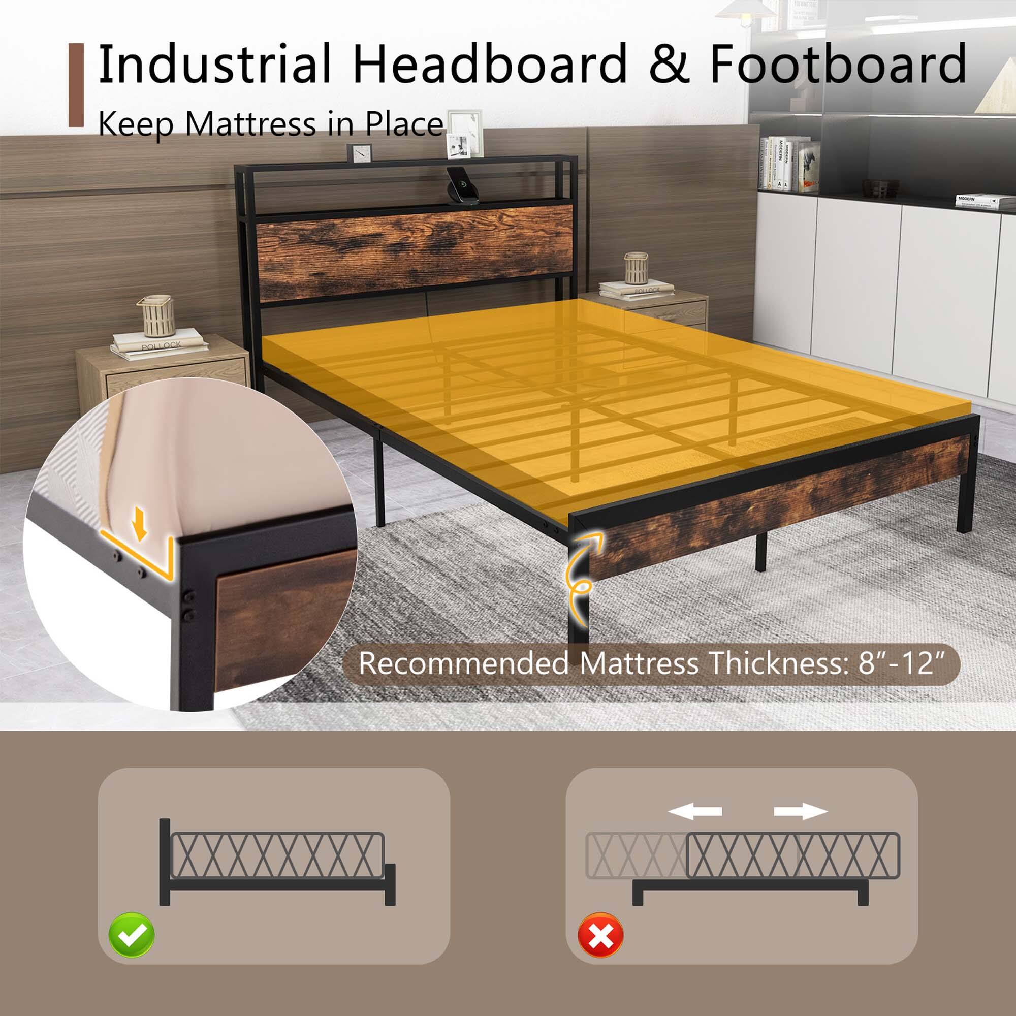 The text on the image is grouped and corrected as follows:

"Industrial Headboard & Footboard Keep Mattress in Place Recommended Mattress Thickness: 8"-12"."