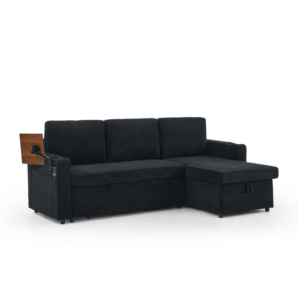 Alt View 10. Kadyn - Pull-Out Sleeper Sofa with Retractable Table, Features LED Lights, USB Ports, and Cup Holders, Black - Black.