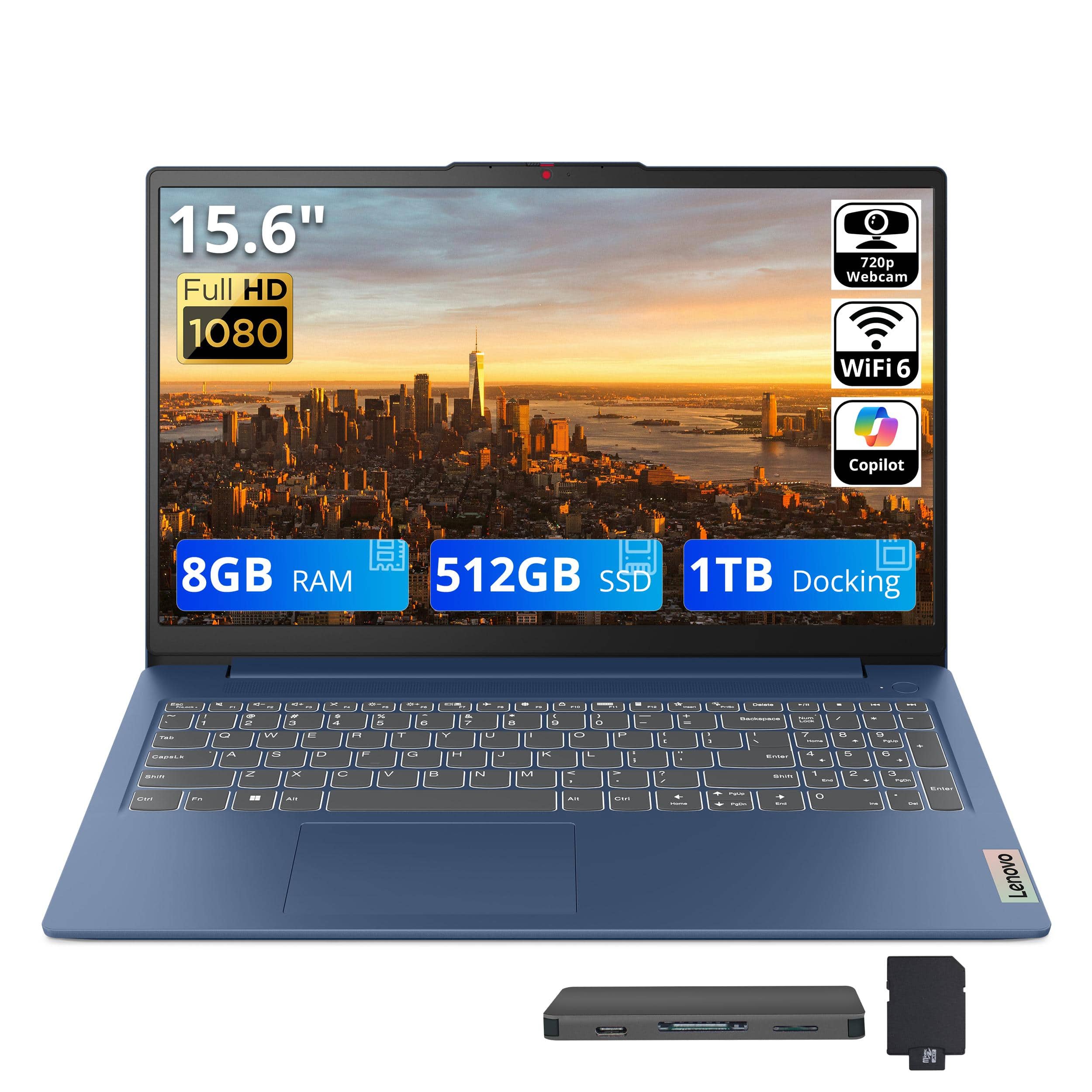 15.6" Full HD 1080p  
720p Webcam  
WiFi 6  
Copilot  
8GB RAM  
512GB SSD  
1TB Docking  

Lenovo