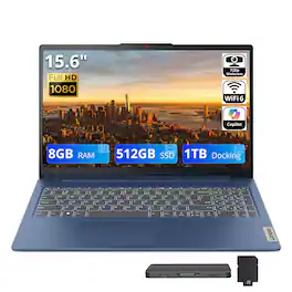 Lenovo - IdeaPad Slim 3 15.6" FHD Laptop,AMD Ryzen 5 40,8GB RAM,512GB SSD+1TB Dock,AMD Radeon 610M,Win 11 Home - Abyss Blue