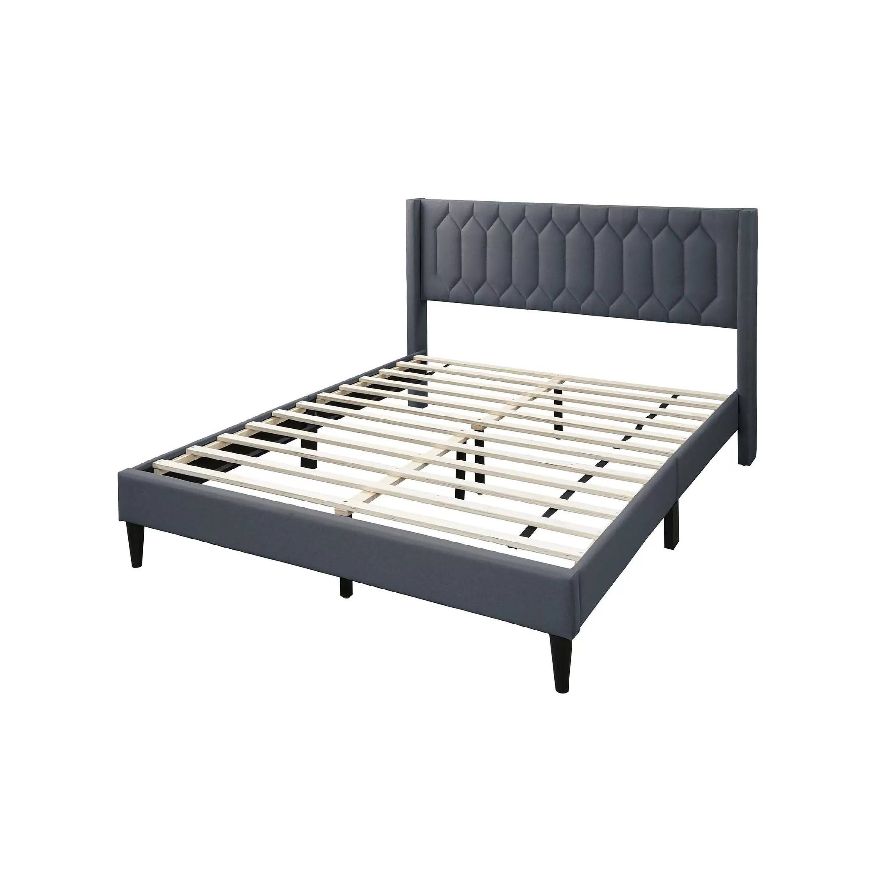 Angle. Manhattan Lane - Liana Full Bed, Tufted Charcoal Gray Burlap Upholstery, Foam Padding - Charcoal Gray, Black.