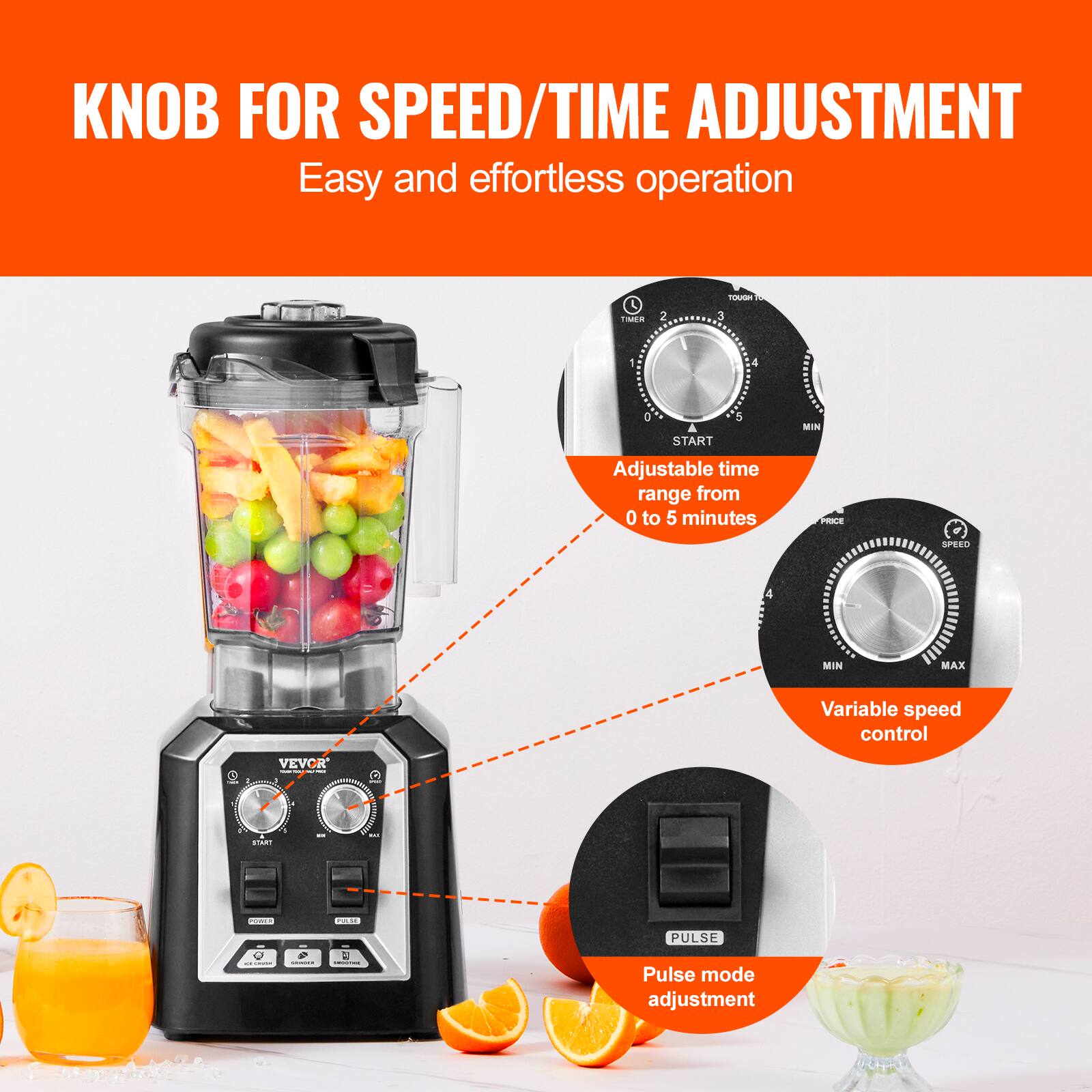KNOB FOR SPEED/TIME ADJUSTMENT  
Easy and effortless operation

TOUGH TIMER  
Adjustable time range from 0 to 5 minutes

SPEED  
Variable speed control

PULSE  
Pulse mode adjustment