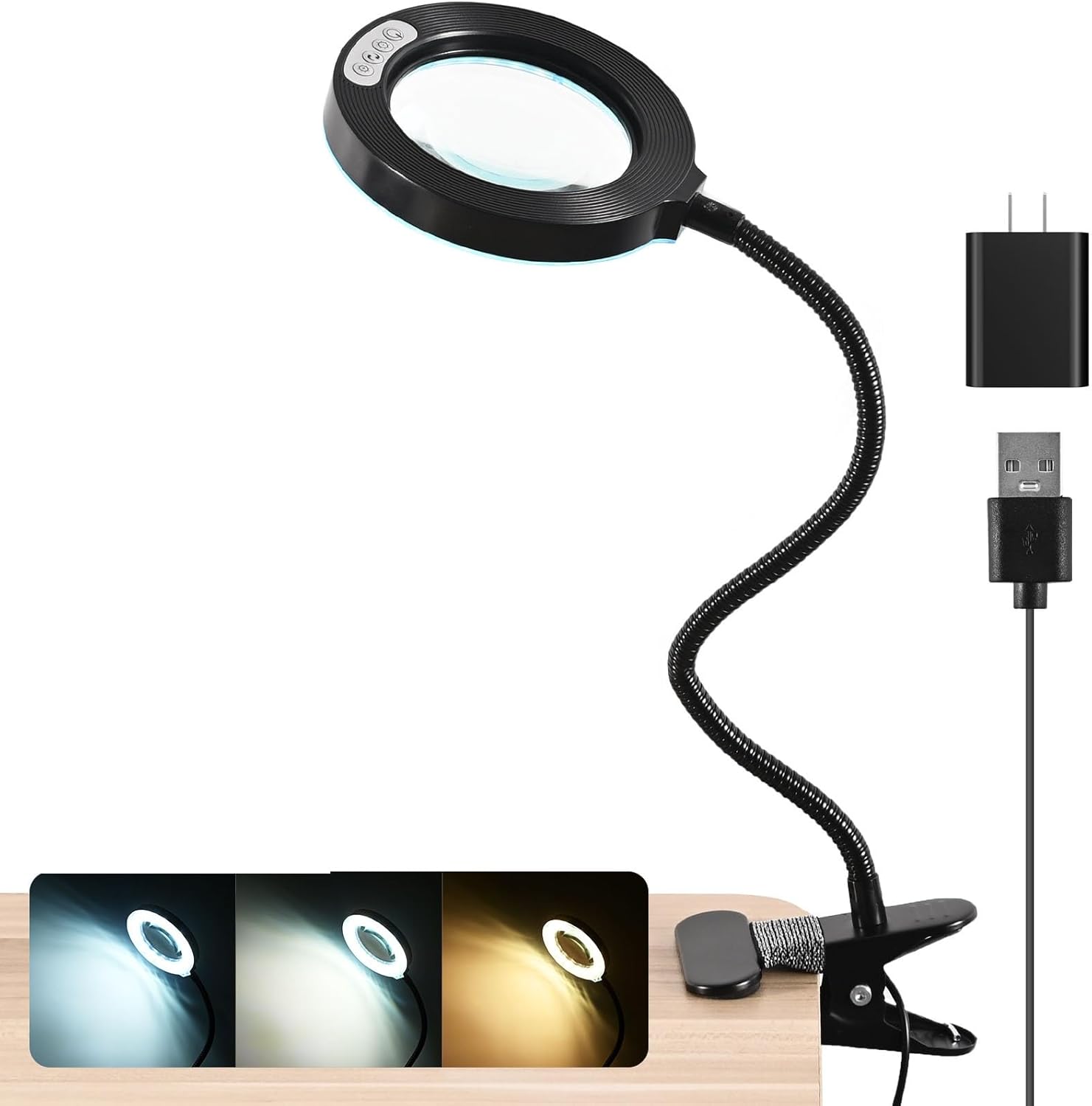 Stamp n Camp - 10X Magnifying Glass with Light and Timer 2 in 1 Magnifying Desk Lamp 3 Color Modes 10 Dimmable Brightness Flexible - Updated-Black-10X-Adapter-lamp head-120mm